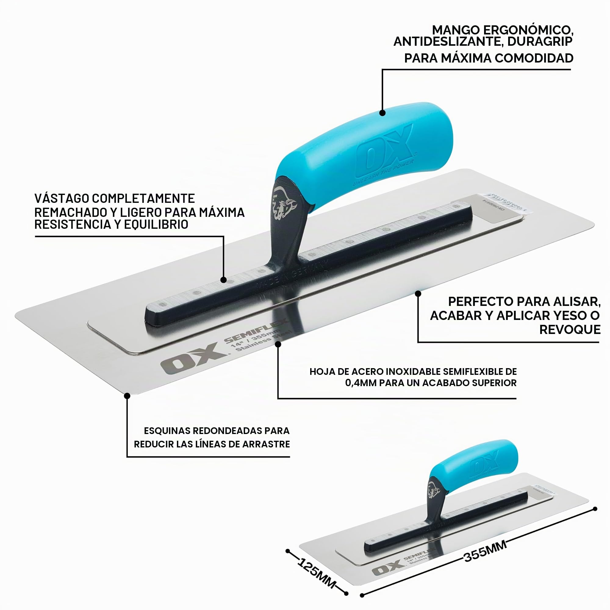 OX Pro Semi Flex Stainless Steel Trowel 14in / 355 x 125 mm