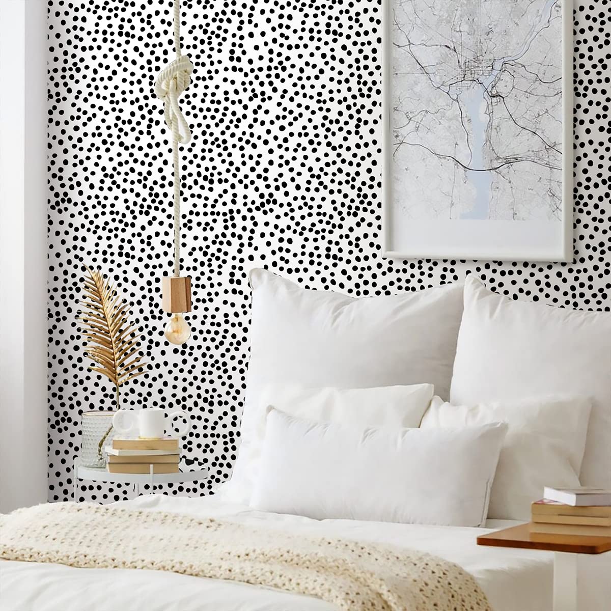 Jeweluck Papel pintado para despegar y pegar, diseño de lunares, 45 x 300 cm | Papel pintado de vinilo autoadhesivo extraíble para pegar y despegar, papel de contacto de puntos negros para baño