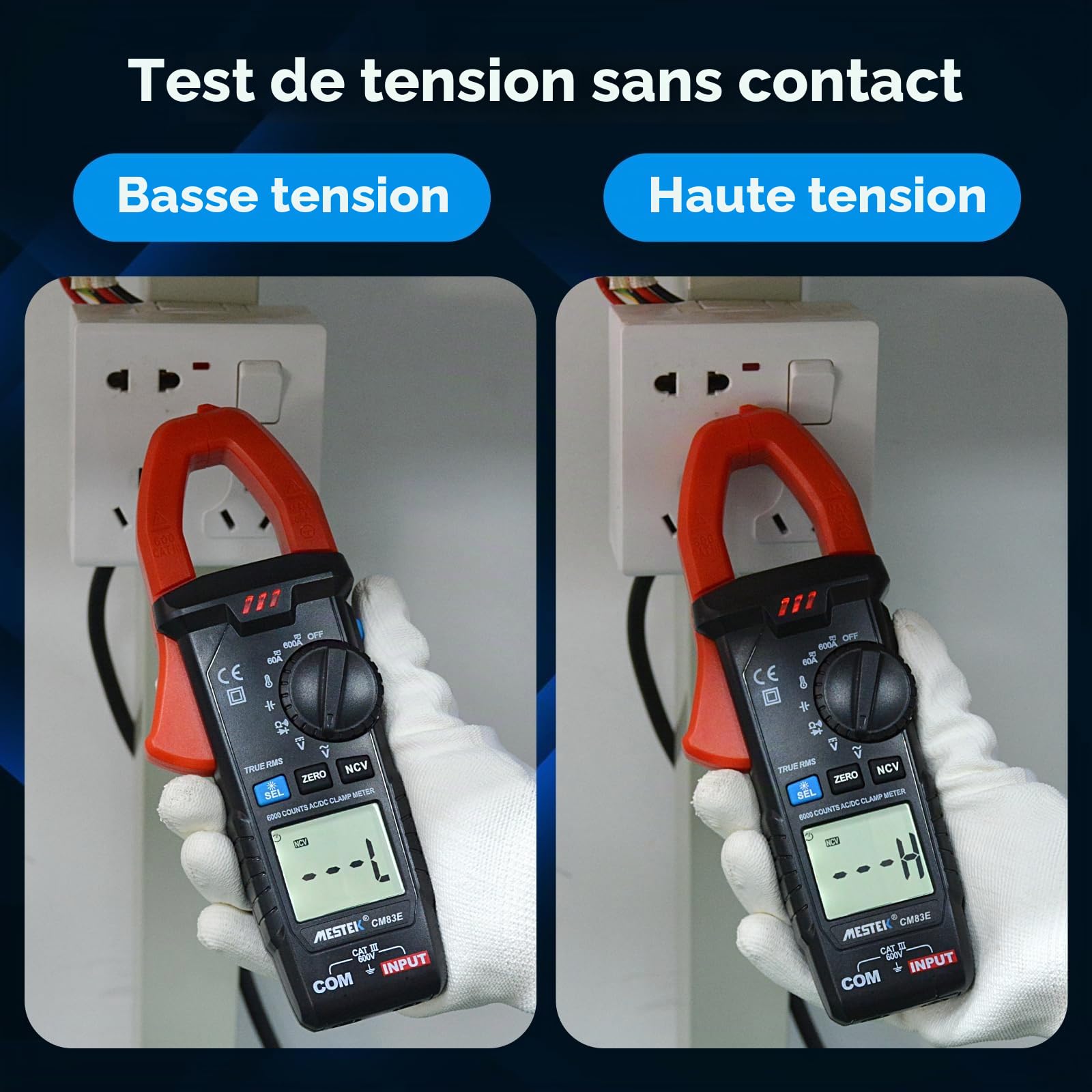 MESTEK Pince Ampèremétrique Numérique AC/DC, 600A Multimètre Automatique T-RMS 6000counts, Voltmètre Amperemetre Mesure Courant Tension Résistance Température Diode Continuité Hz Capacité NCV