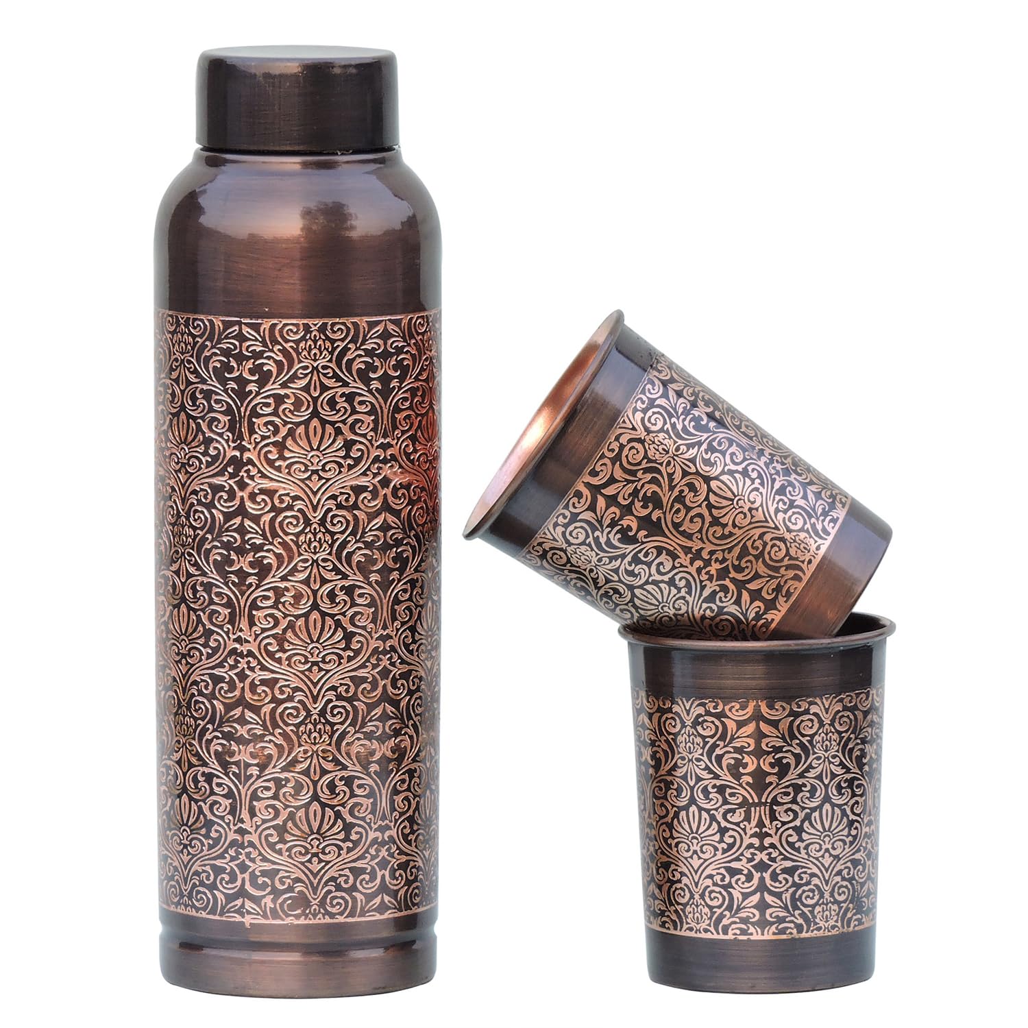 ANCIENTIMPEX Bouteille d'eau Milton en cuivre pur avec 2 gobelets – Motif floral | Avantages ayurvédiques et hydratation quotidienne