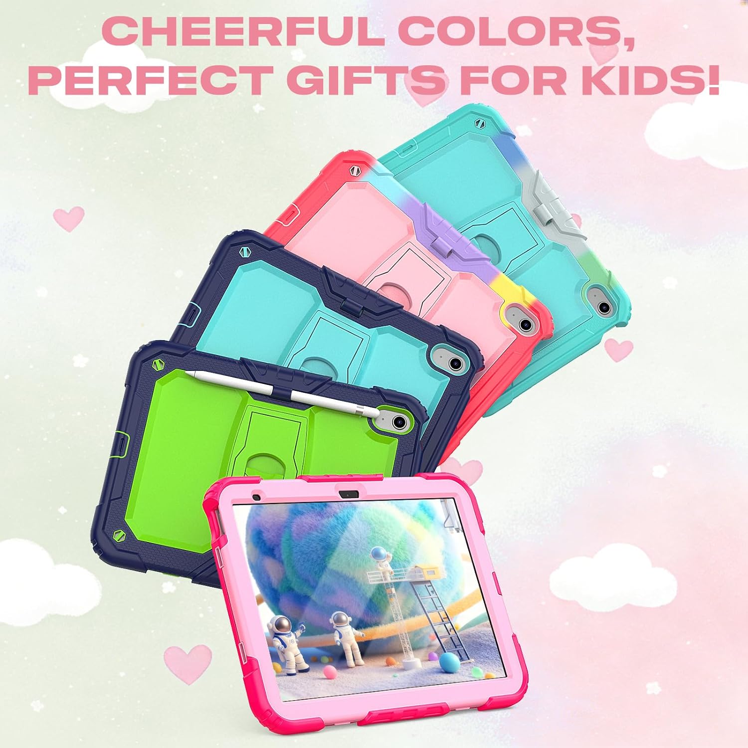 HXCASEAC Case for iPad (A16) 11th Generation 11 inch, iPad 10th Gen Case 10.9 inch, Drop Proof with Screen Protector, Pencil Holder, Shoulder Strap, Foldable Stand, Cute iPad Case for Kids, Hot Pink