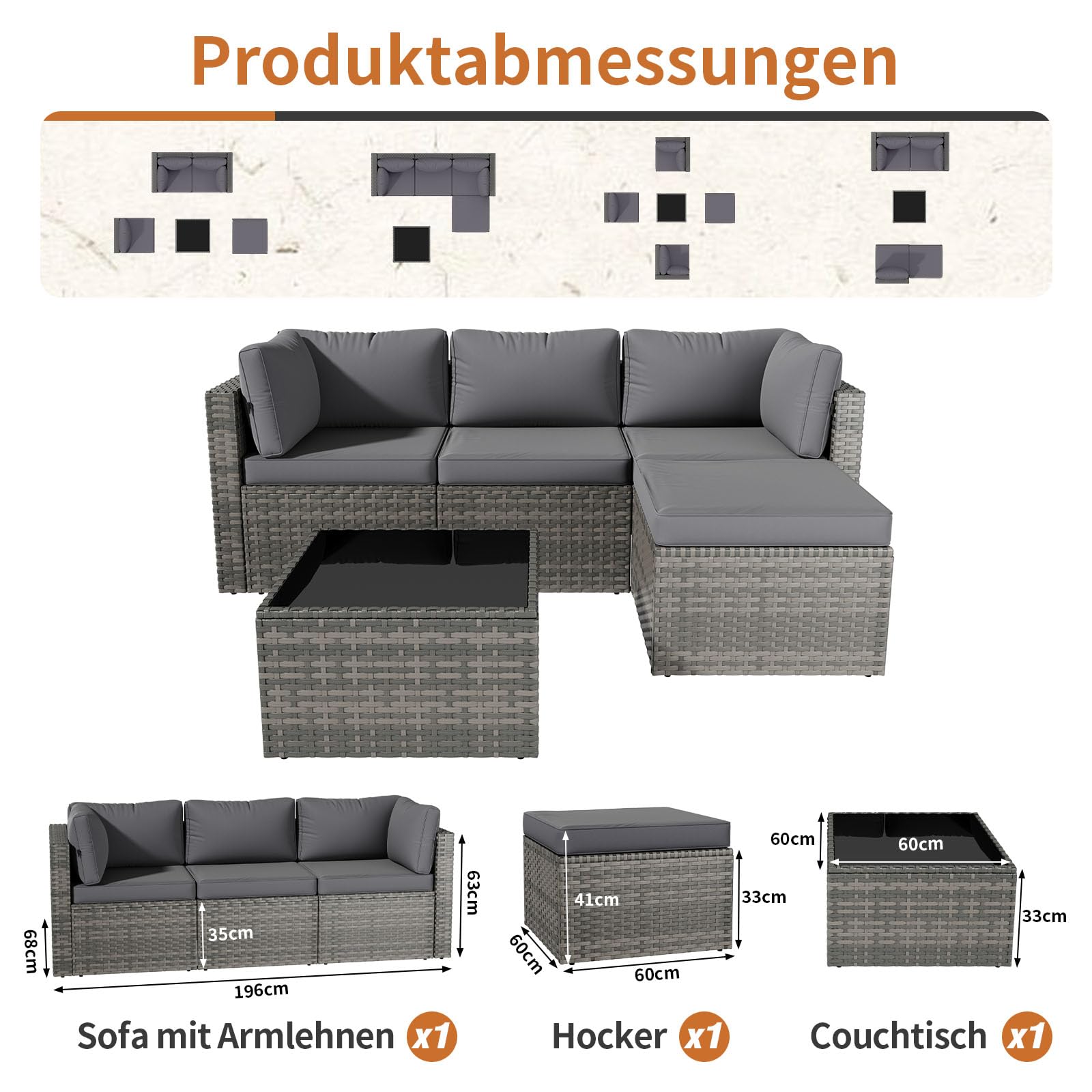 Aoxun Gartenmöbel Set Polyrattan 3-teilig mit 7,5cm dicken Kissen & Glas-Couchtisch, wetterfeste Gartenlounge Outdoor mit extra Langer 196cm Sitzbank, Stabiler Balkon Terrassen Außenmöbel Satz (Grau)