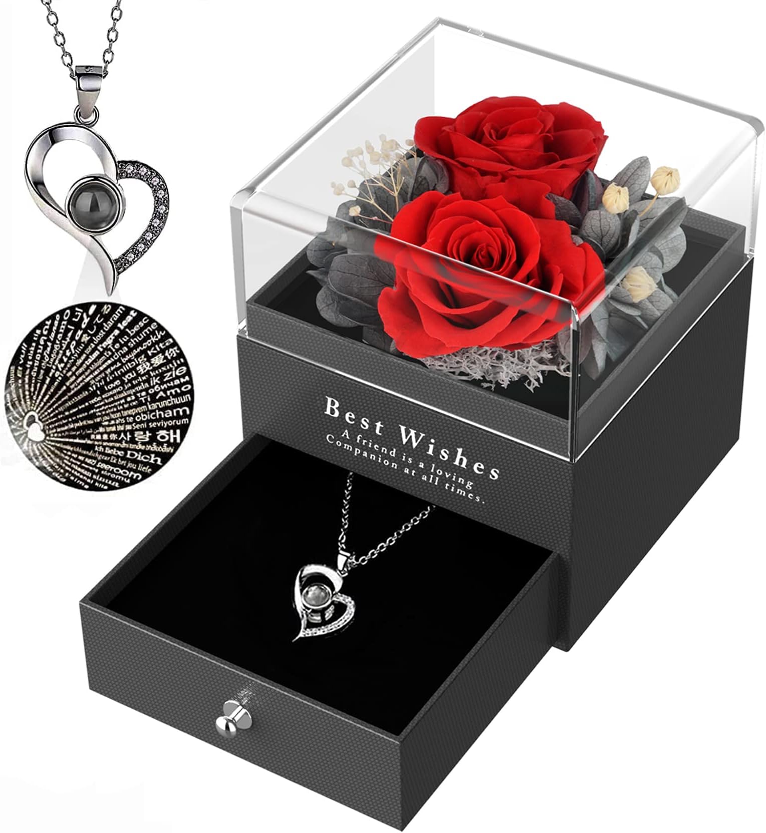 SHOKUTO Cadeau Femme – 2 Vraies Roses Éternelles Avec Collier Cœur Zircone, Idée Romantique Anniversaire, Saint-Valentin, Noël Ou Fête Des Mères
