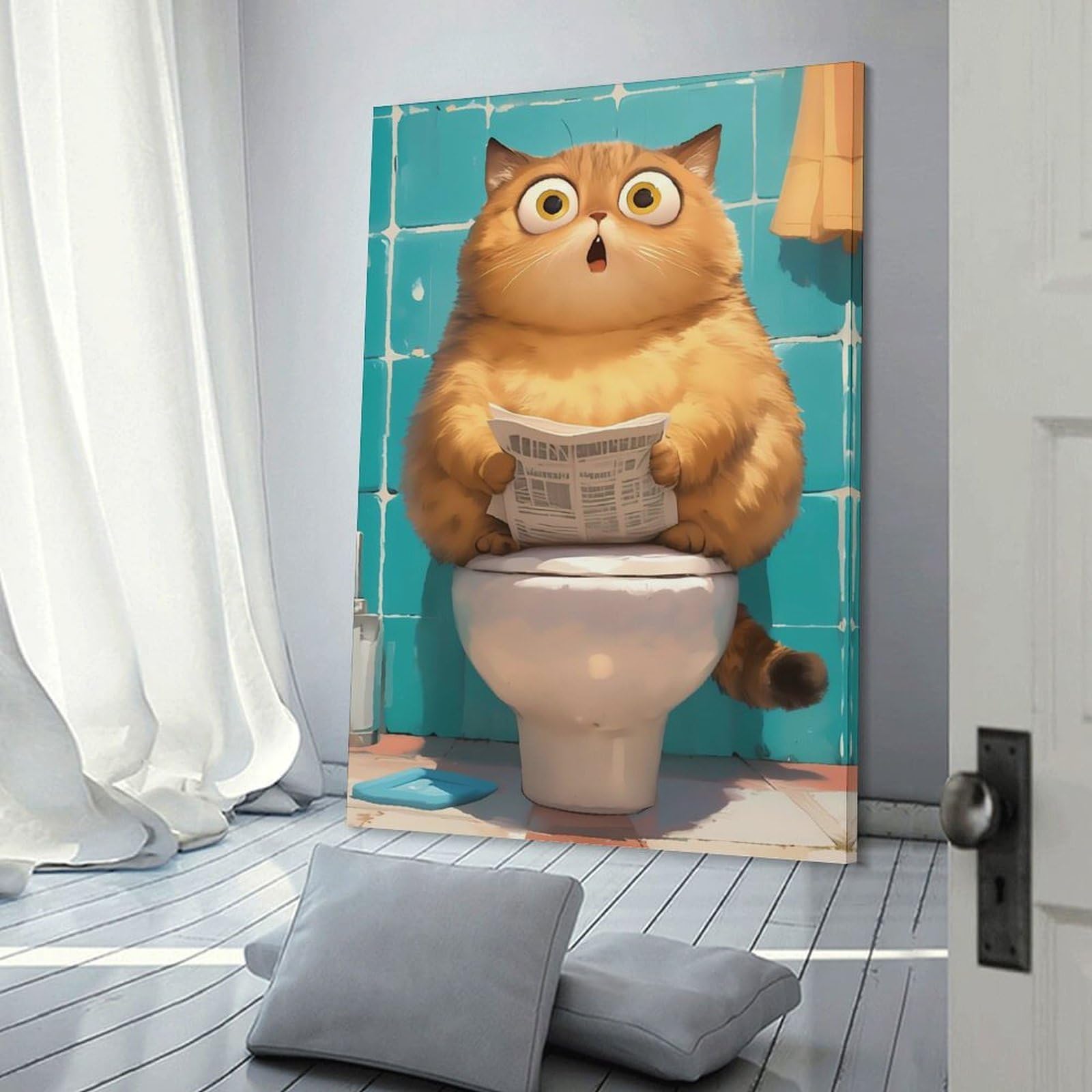 Junmoney Toilet Cat Funny Canvas Wall Decor, 24x36inch(60x90cm), for Office, Study Or Home Workspace, Wall Art That Adds Style to Work Areas