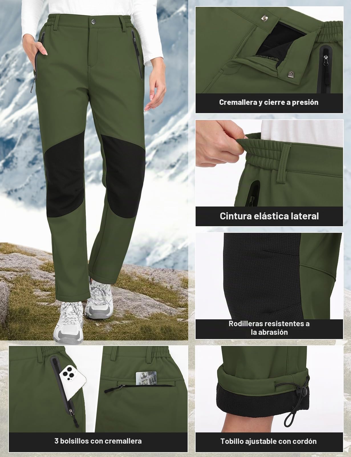 Pantalones Trekking Mujer Invierno Impermeables Pantalones Termicos Cintura Elástica con Forro Polar Softshell Pantalones Montaña Esqui Senderismo Trabajo