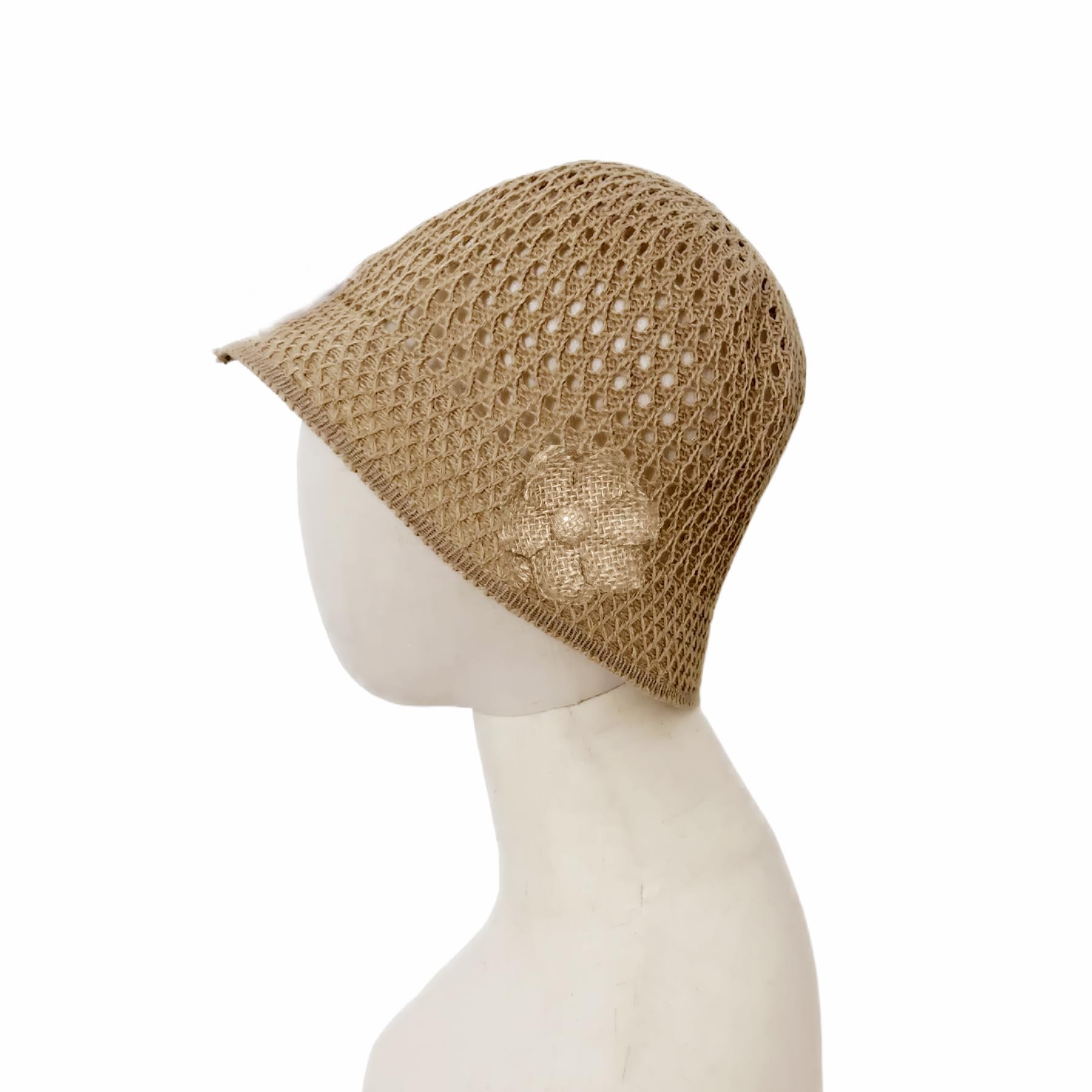 Women Crochet Bucket Hat Woven Sun Hat Flower Summer Beach Fisherman Hats Cap Khaki