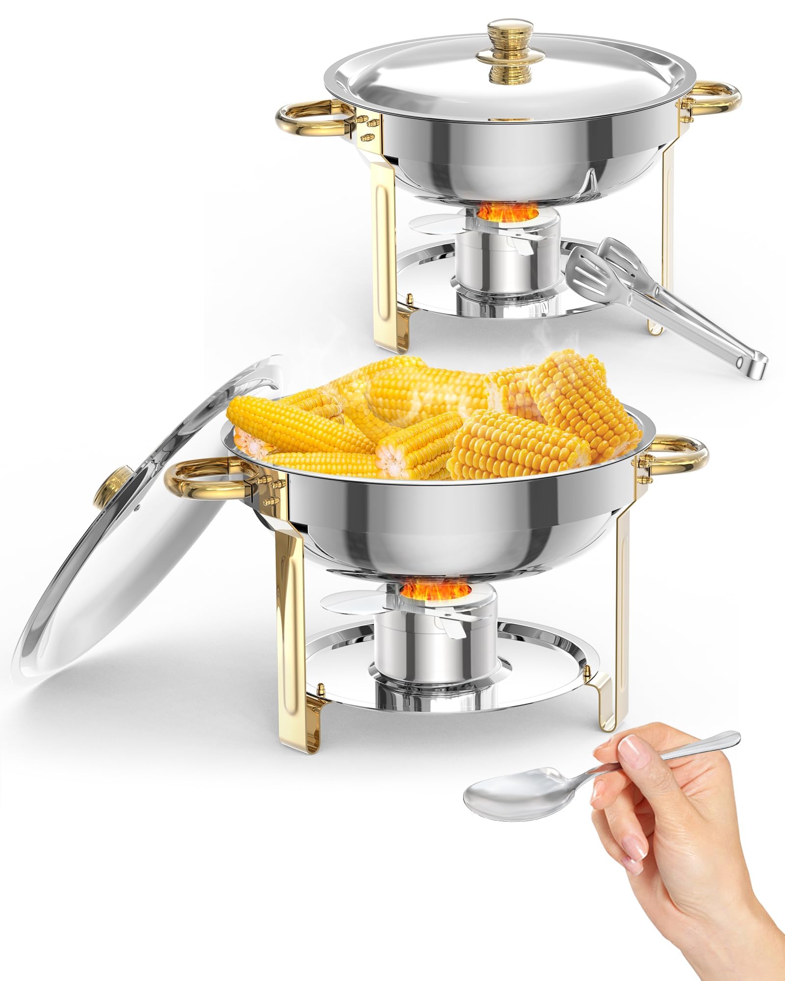 Garvee Juego de 2 platos de cocina redondos de 5 litros para catering, calentadores de alimentos de acero inoxidable con tapas, sartenes de alimentos y soporte de combustible para restaurante