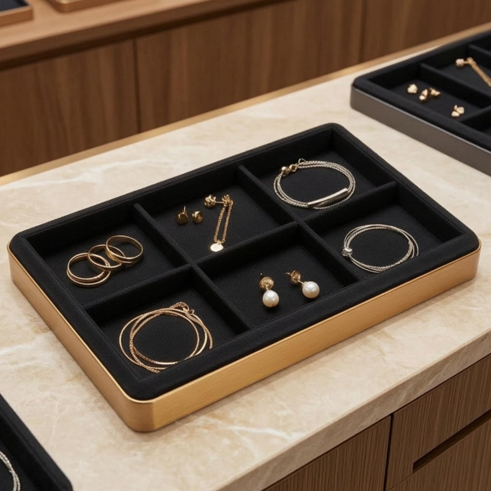 Gralara Plateau Rangement pour Bijoux Élégant, Plateau À Six Compartiments, Noir Élégant