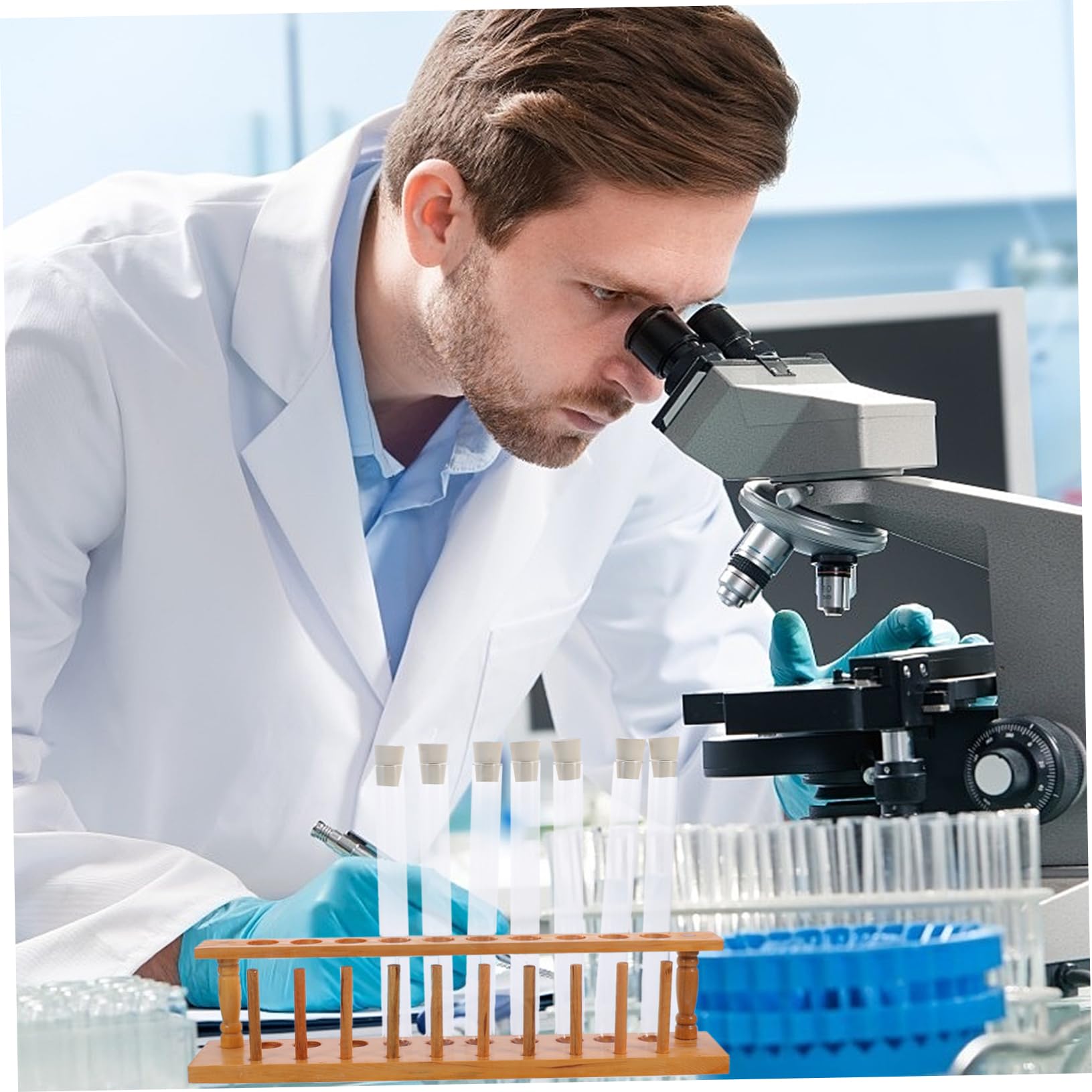 GALPADA Reagenzgläser 12cm Satz mit 10 Glasröhrchen Holzständer mit 10 Löchern Stopfen und Reinigungsbürste für Labor und Bastelprojekte