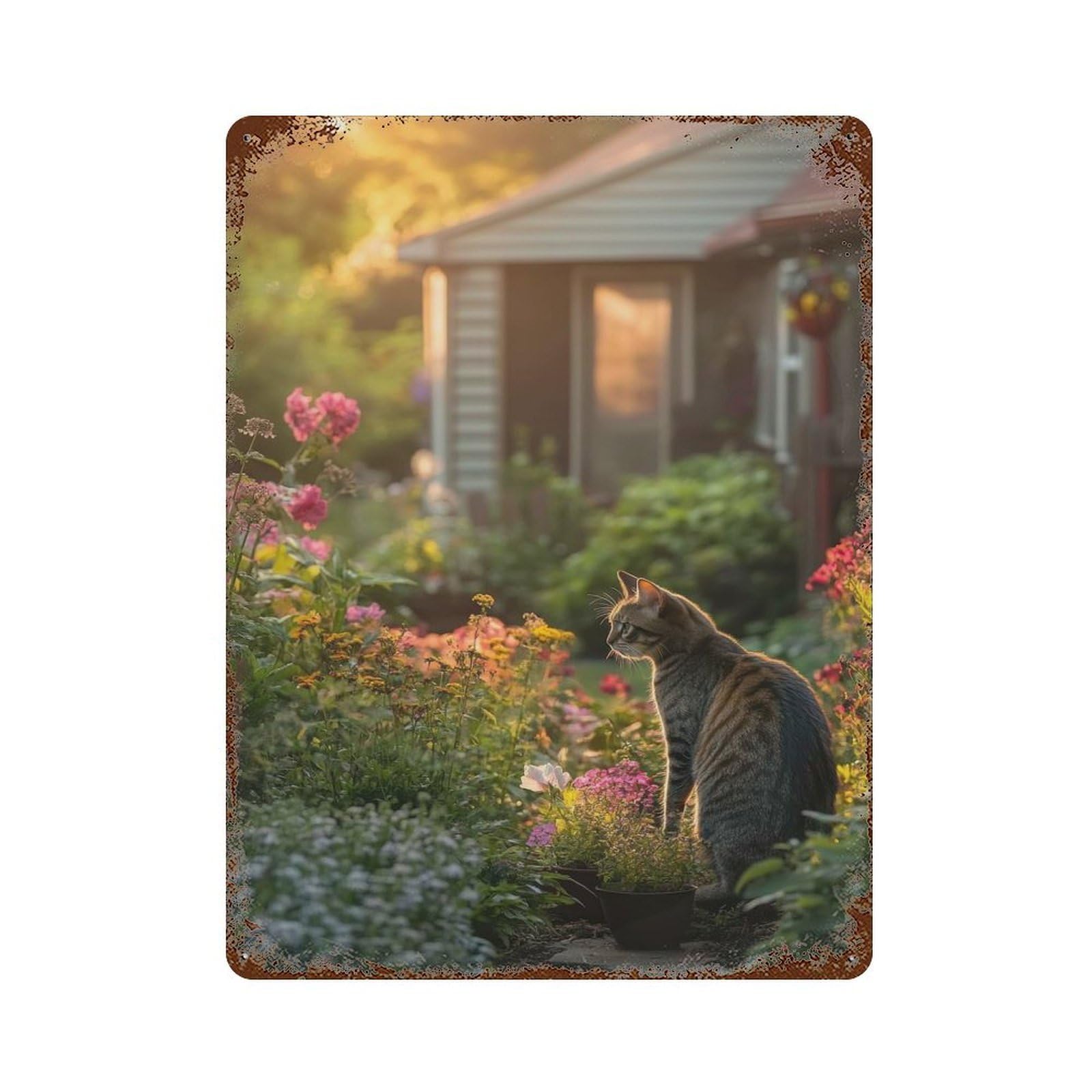 Cat in A Garden at Sunset Rust Effect Tin Sign 15.7"x11.8", Novelty Wall Decor for Garage, Pub Or Kitchen
