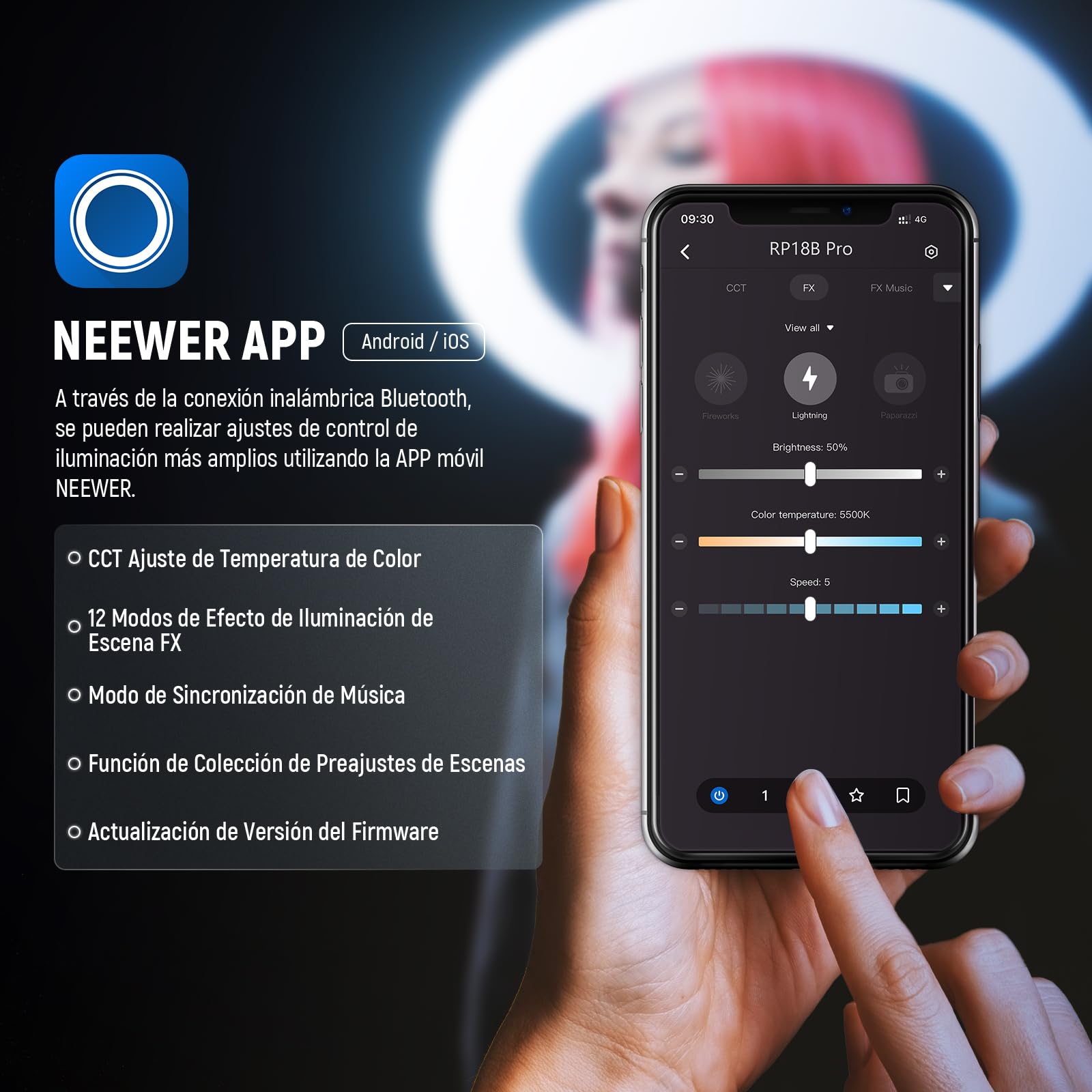 NEEWER RP18B Pro Aro de Luz 18" con Trípode y Soporte para Móvil, Compatible con iPhone, 45W 2900K-7000K App Control, Paño de Limpieza, Vídeo Selfie Maquillaje Estudio Iluminación de Streaming, Negro