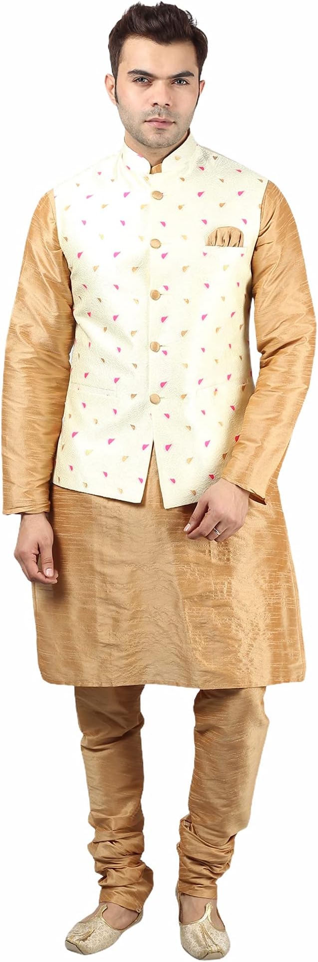 Uri and MacKenzie Men's Silk Blend Regular Kurta Churidar Pyjama with Bundi Nehru Jacket/Waistcoat