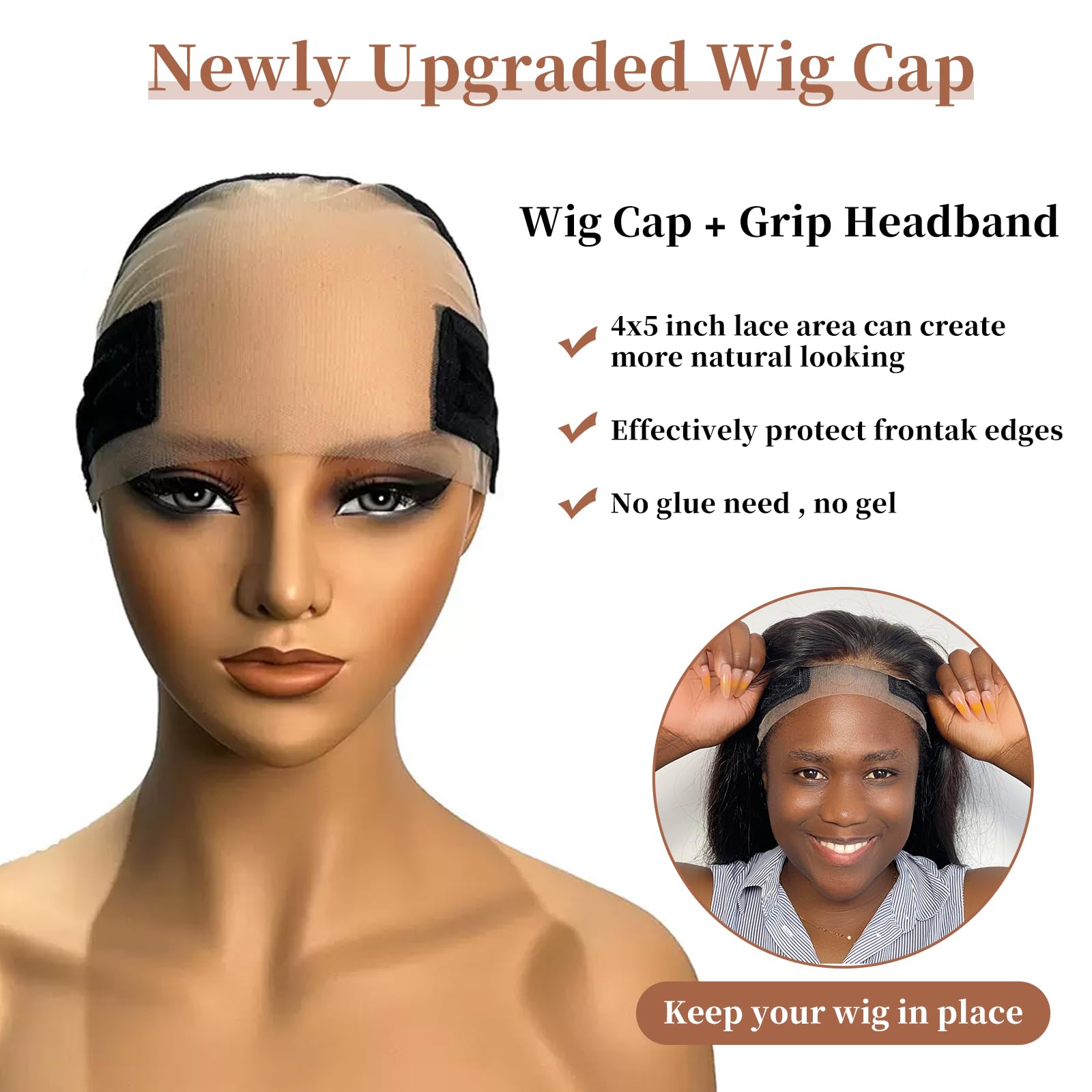 Lace Wig Cap with Grip Band for Keeping Wigs In Place 13x4 Wider Transparent Lace for Glueless Wig Adjustable Grip Cap with Velcro Headband (Black) - Image 4