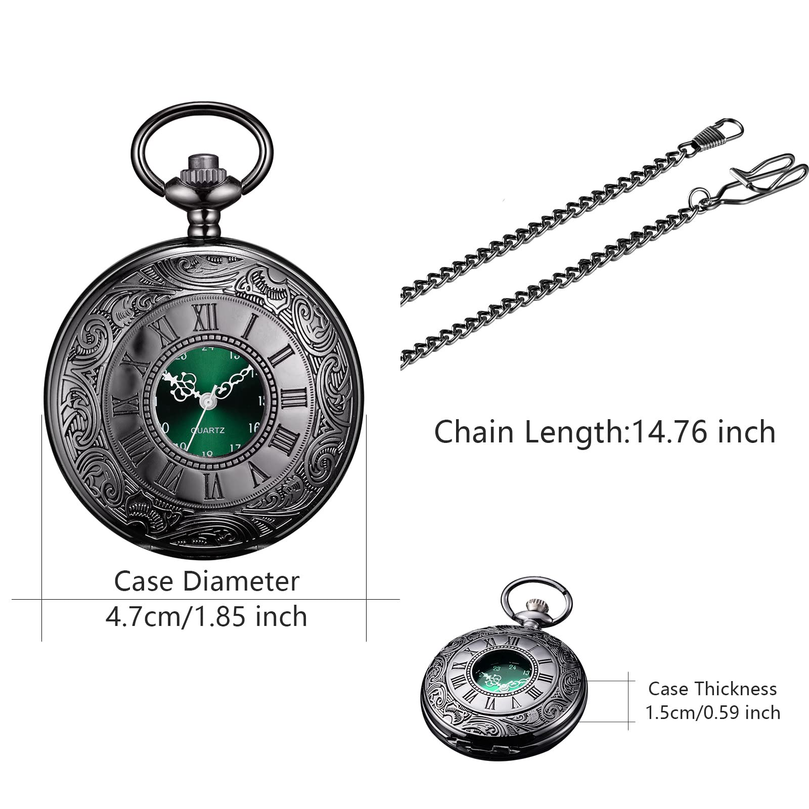 BOSHIYA Vintage Herren Taschenuhr mit Kette Einzigartiges Blau/Grün Römischen Ziffern Zifferblatt Analog Quarz Taschenuhr für Herren Schwarz/Silber