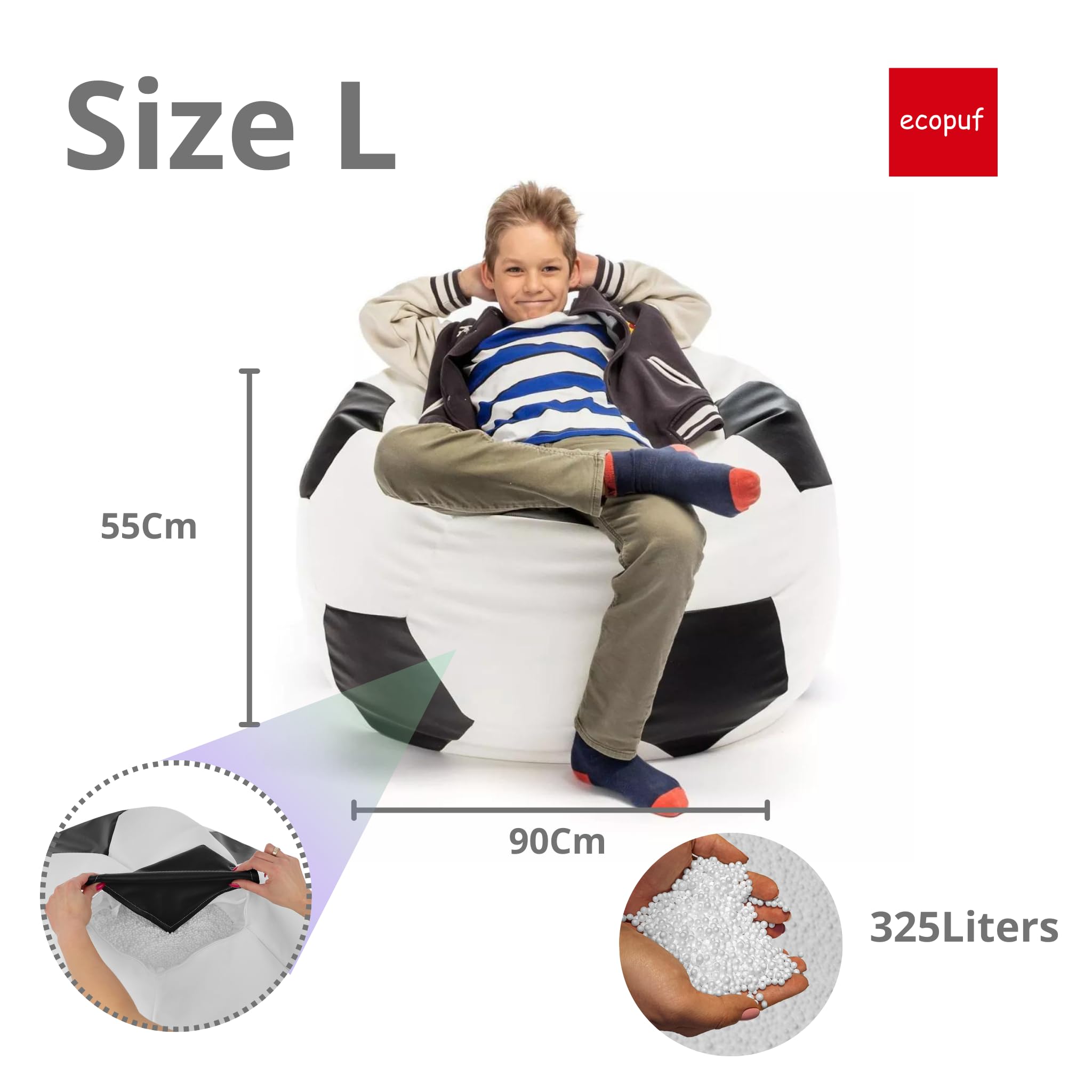 Ecopuf Sitzsack Ball - Bean Bag Ball - Sitzsäcke fur Gaming Sack - Zubehör für Fussball Kinderzimmer - Öko-Leder - 90x55cm, Zitronengelb E18