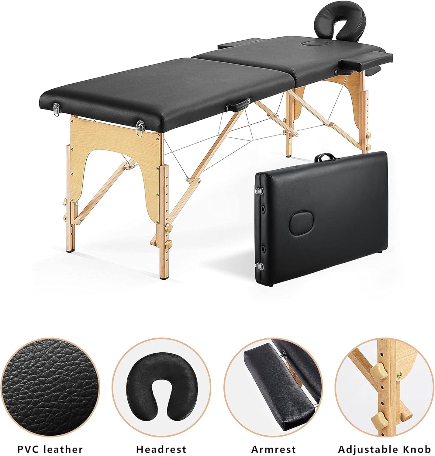 AWQM Massage Table 72.4 inch Massage Bed, 2 Fold Portable Spa Bed,Wooden Frame,Height Adjustable,Facial Salon Tattoo Bed, Black : Beauty & Personal Care