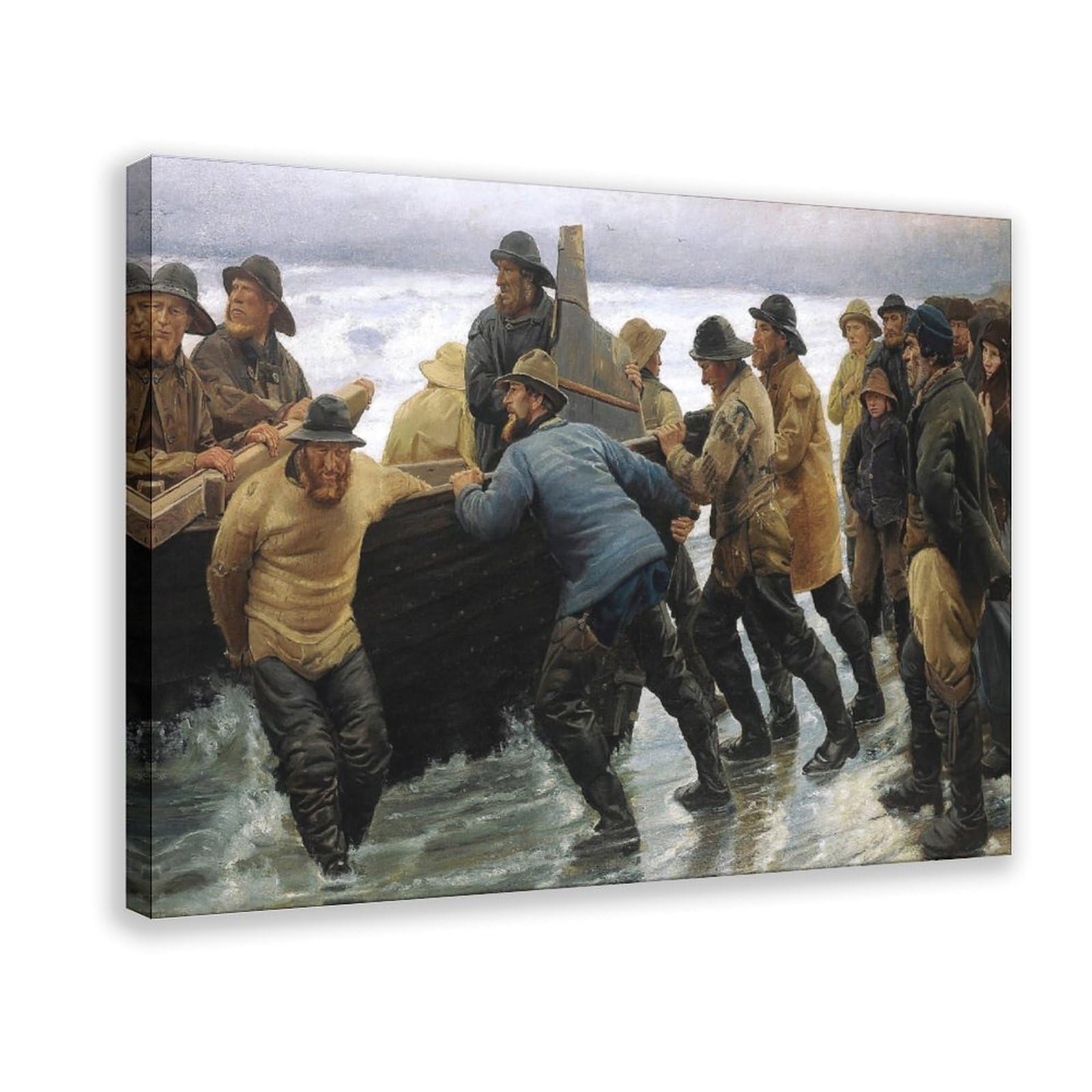WCYB Fishermen Launching A Rowing Boat by Michael Ancher Art Posters Prints Canvas Deco Paintings Wall Art Hangable Frame 8" L X 12" W