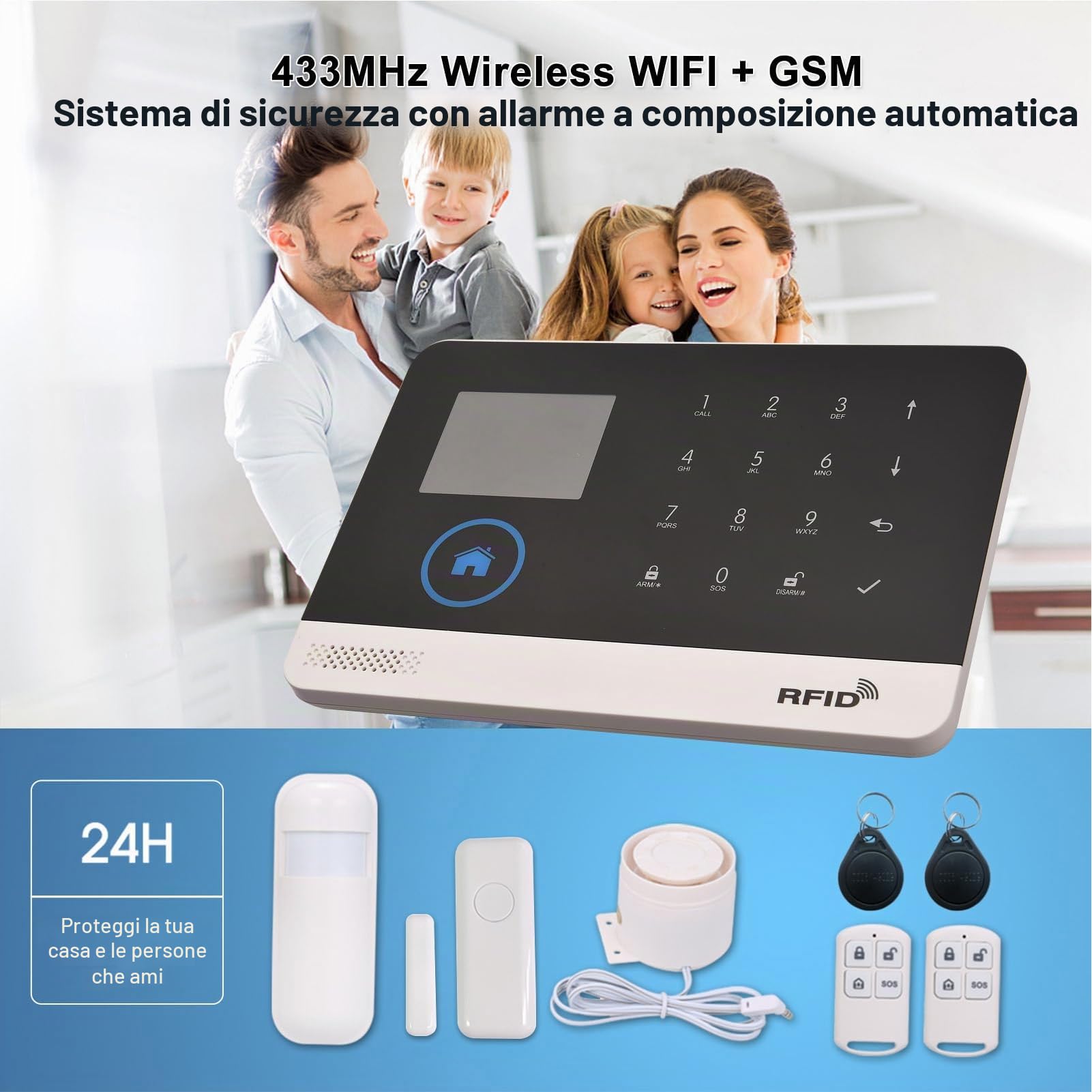 WIFI + GSM System di sicurezza allarme con composizione automatica, Kit da 16 pezzi per System di allarme di sicurezza antifurto per casa intelligente wireless LCD da 2.4 pollici