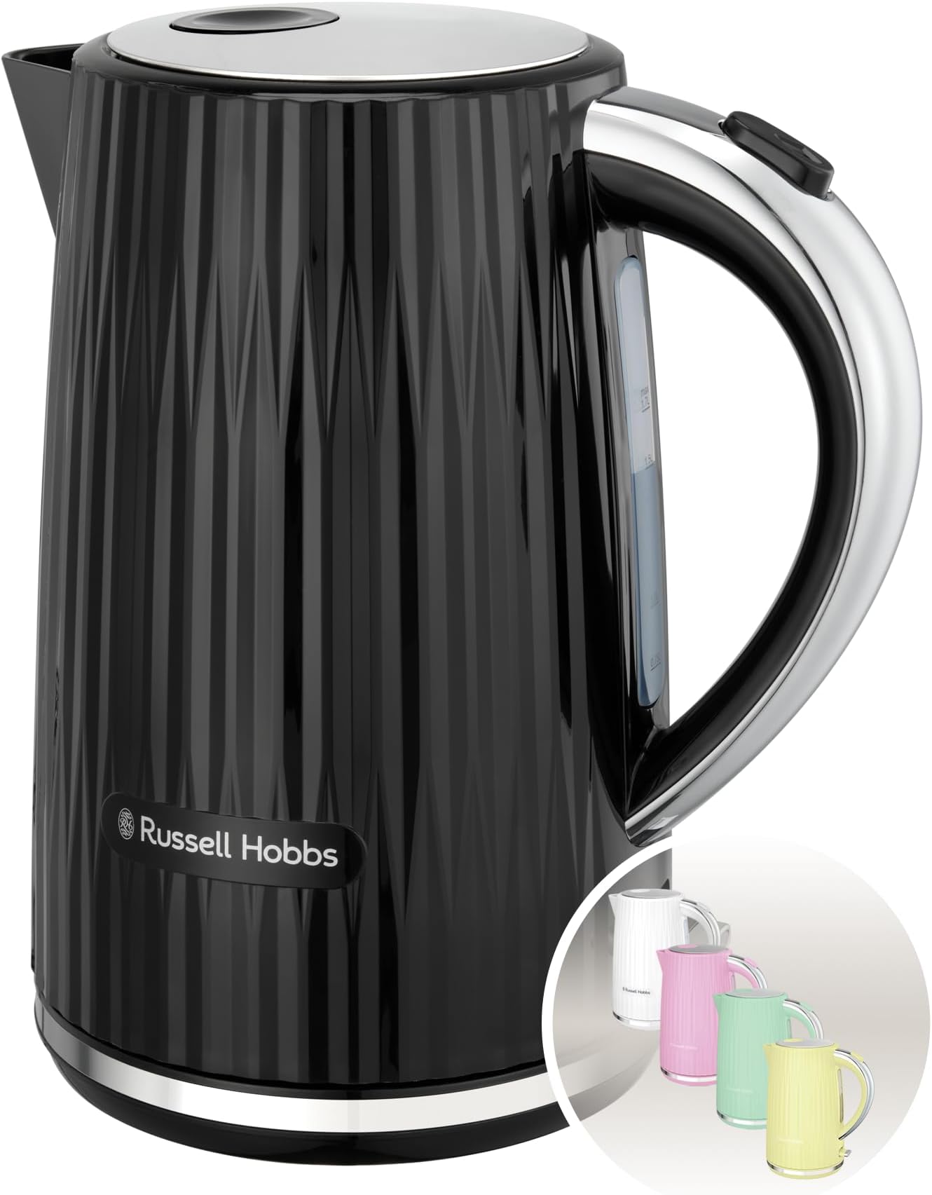 Russell Hobbs Electric Kettle (Hot Water, Tea or Coffee, 1.7L, Push to open lid, Perfect pour spout, Removable washable filter, Illuminated switch, Chrome accents, Black, 3000W) Eden 27361