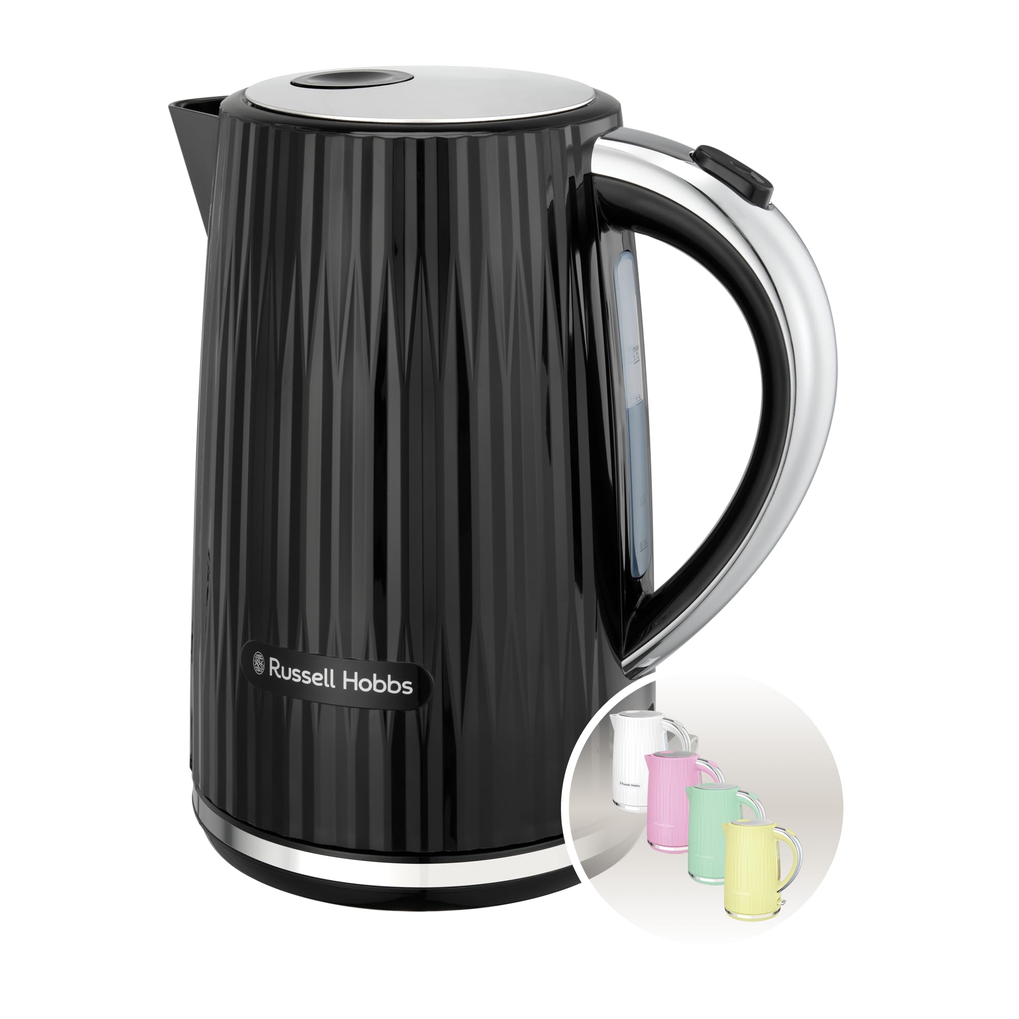 Russell Hobbs Electric Kettle (Hot Water, Tea or Coffee, 1.7L, Push to open lid, Perfect pour spout, Removable washable filter, Illuminated switch, Chrome accents, Black, 3000W) Eden 27361