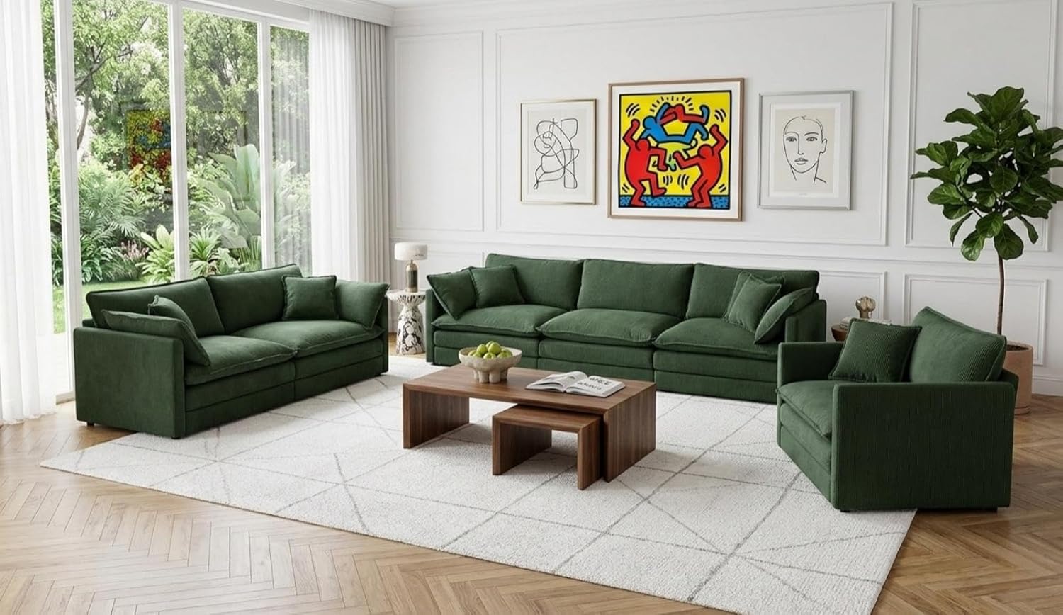 111.5" 3-Piece Living Room Sets Furniture, Modular Sofa Set, Extra Deep Seat Oversized Sectional Couch in Chenille Fabric, 3 Seater Sofa, Loveseat and Accent Chair for Living Room, Green