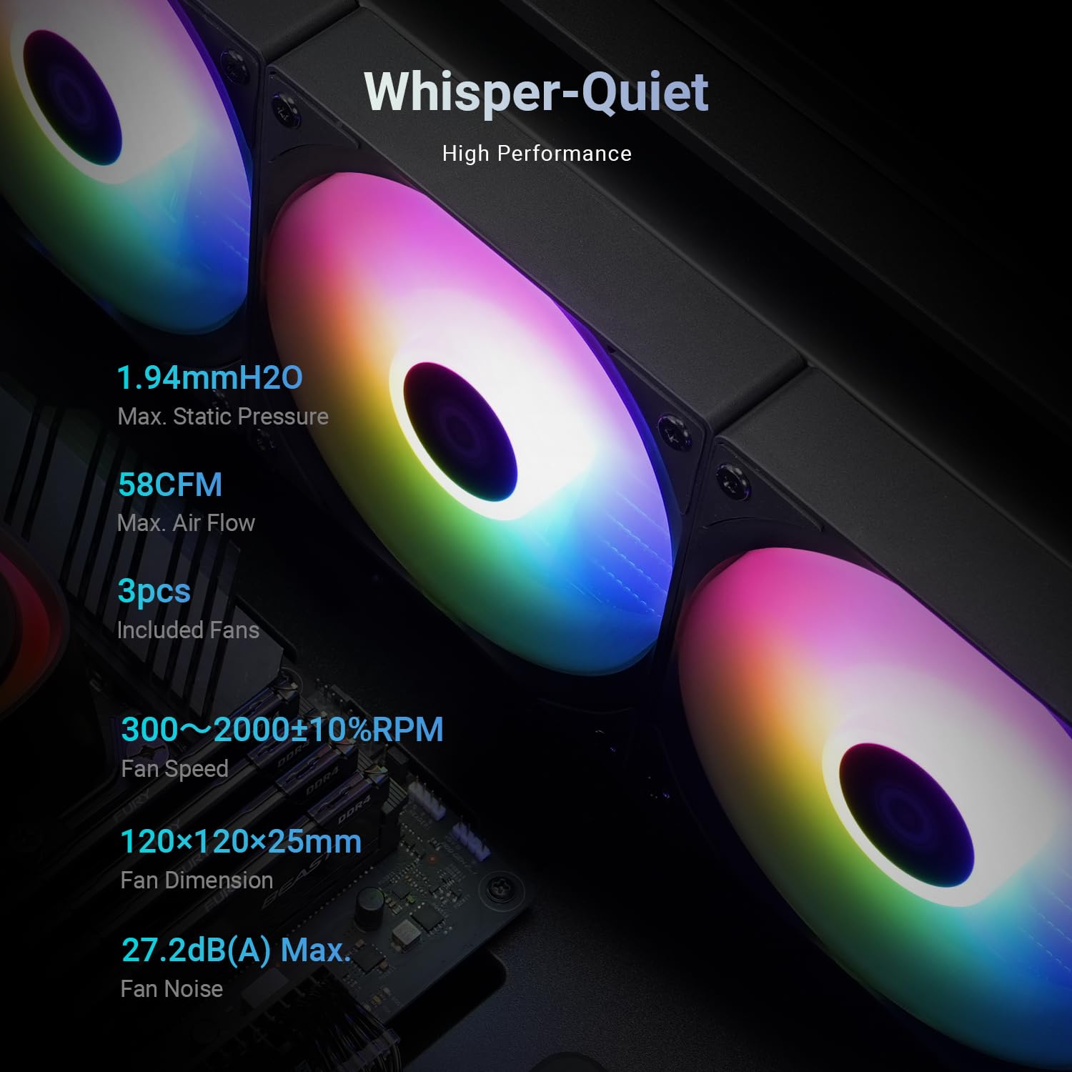 Three 120mm AS-120-ARGB V2 fans providing quiet and efficient cooling.