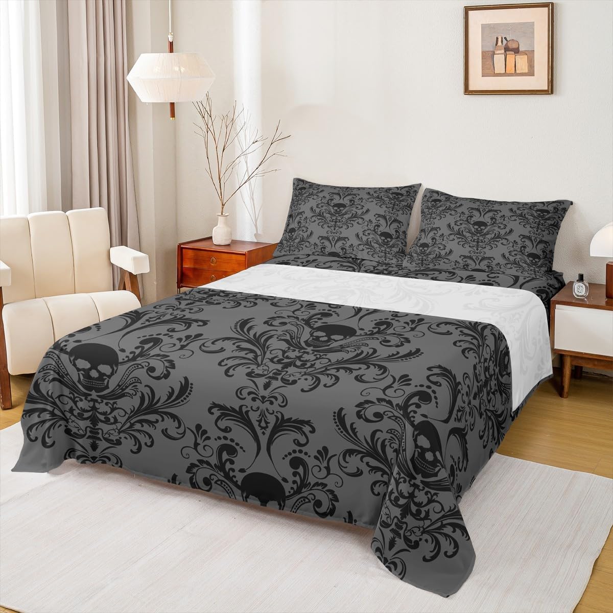 Adults Black Damask Sheet Set Antique Victorian Baroque Bed Sheets Set King Size Gothic Vintage Floral Sheets Exotic Sugar Skull Bedding Set King,Gothic Bone Skeleton Bohemian Decor,Grey