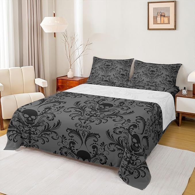 Adults Black Damask Sheet Set Antique Victorian Baroque Bed Sheets Set King Size Gothic Vintage Floral Sheets Exotic Sugar Skull Bedding Set King,Gothic Bone Skeleton Bohemian Decor,Grey