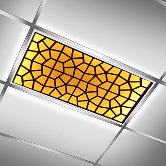 Fluorescent Light Covers for Classroom Kitchen Office Decorations - Stained Glass Window Yellow Pattern Eliminate Harsh Glare and Headaches-Easy to Install 2x4 Fluorescent Light Diffuser