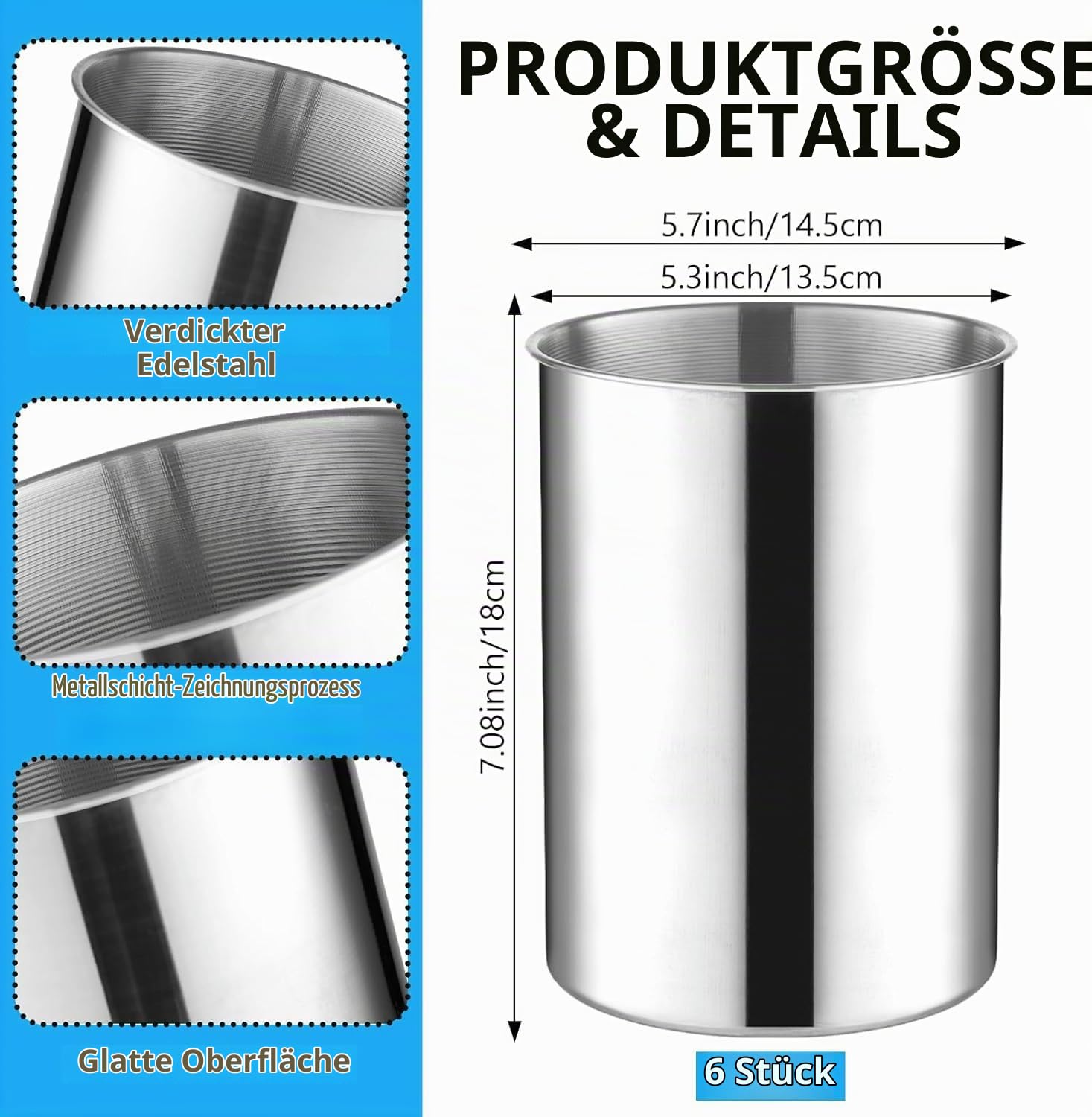 6er Set Stapelbarer Verdickter Edelstahl Eiskübel 750 ML Kühlkübel für Wein, Bier & Champagner, Metall Eiskübel für Partys, Garten-BBQs & Bars (18 cm H x 14.5 cm B)