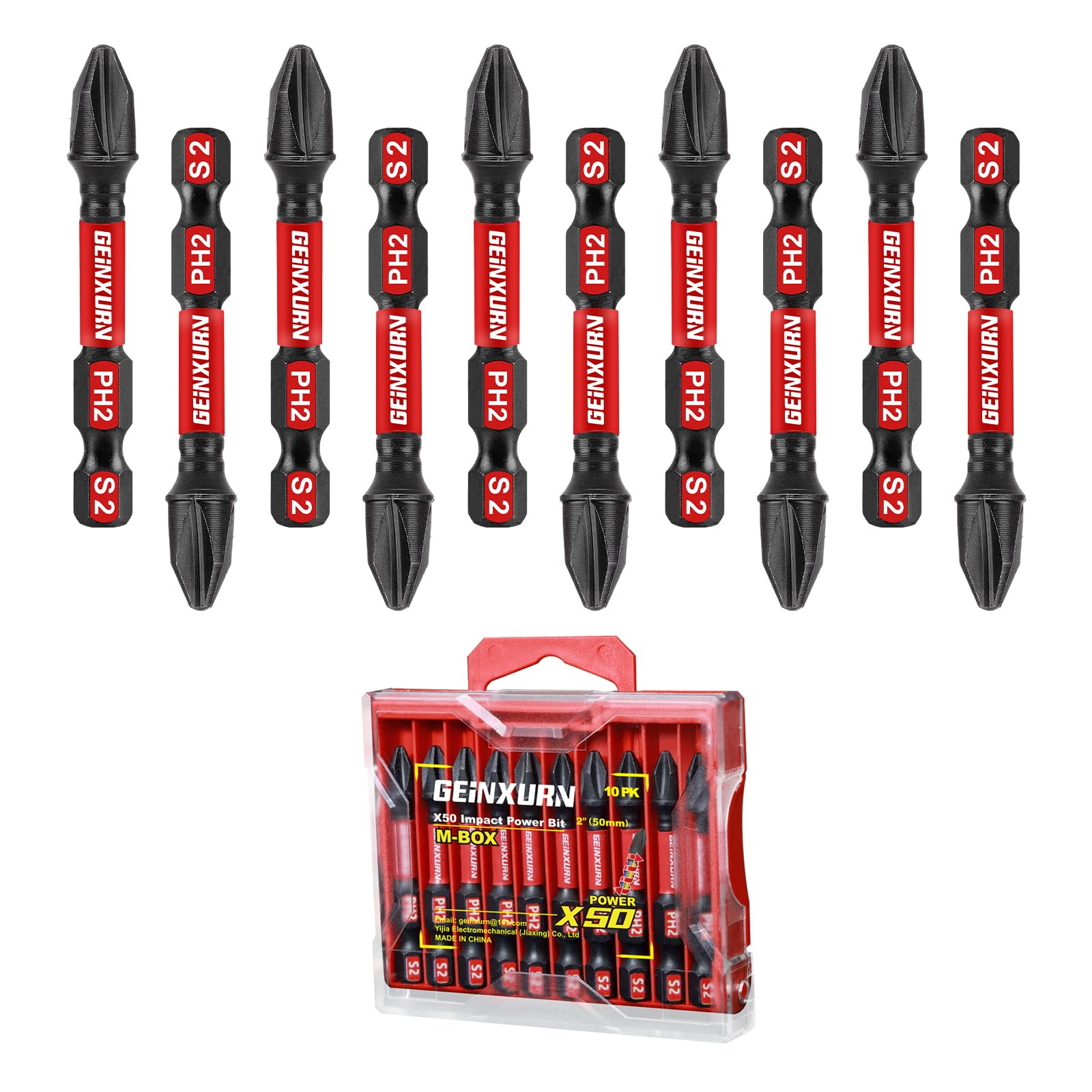 Geinxurn Impact Tough 2 in. #2 Phillips Screwdriver Bits Set,10 Pack Magnetic S2 Steel PH2 Power Driver Bits with Storage M-Box