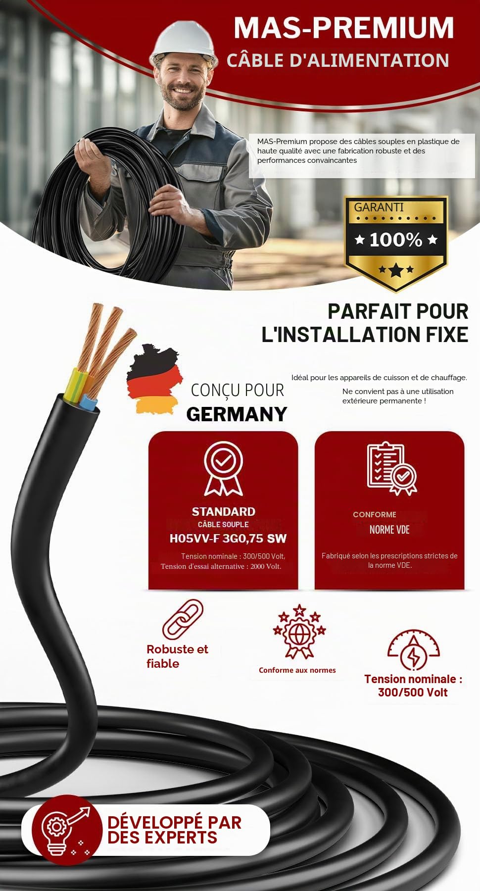 Câble en plastique souple H05VV-F 3G0,75 - 3G1, 3G1,5 ou 3G2,5 - Noir - De 5 à 100 m - Câble d'appareil - (H05VV-F 3G0,75 SW, 40 m)