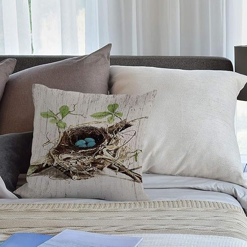 Miniatura 4 de HGOD DESIGNS Funda de cojín vintage con diseño de pinzón y huevos azules, funda de cojín de lino y algodón de 18 x 18 pulgadas