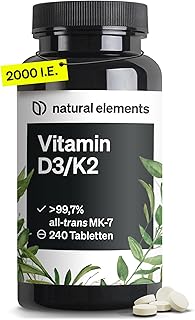 natural elements Vitamin D3 + K2 – > 99,7% all-trans MK-7 & 2000 IE Vitamin D3 – 240 Tabletten – hochdosiert, optimal bioverfügbar – ohne unnötige Zusätze – in Deutschland produziert