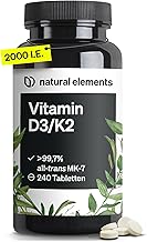 natural elements Vitamin D3 + K2 - > 99.7% all-trans MK-7 & 2000 IU Vitamin D3 - 240 tablets - high dose, optimally bioavailable - without unnecessary additives - produced in Germany