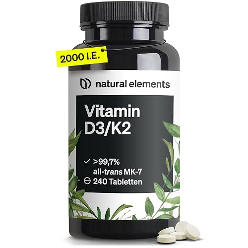 natural elements Vitamin D3 + K2 – > 99,7% all-trans MK-7 & 2000 IE Vitamin D3 – 240 Tabletten – hochdosiert, optimal bioverfügbar – ohne unnötige Zusätze – in Deutschland produziert