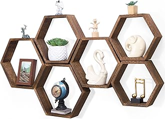 NOVIMANGO Hexagon Floating Shelves Set of 6 Honeycomb Shelves for Wall Wood Farmhouse Storage Home Decor Shelf Wall Mounted Wooden Hexagonal Shelves for Bedroom Living Room Nursery, Rustic Brown