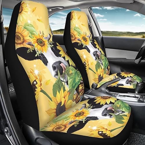 Miniatura 5 de Drydeepin Juego de 2 fundas de asiento delantero de automóvil con estampado de vaca de girasol amarillo, ajuste universal para la mayoría de