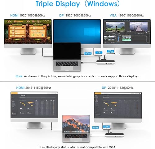 Miniatura 4 de WAVLINK Estación de acoplamiento USB C para monitores duales, adaptador multipuerto USB-C de triple pantalla con HDMI, DisplayPort, VGA, Ethernet,