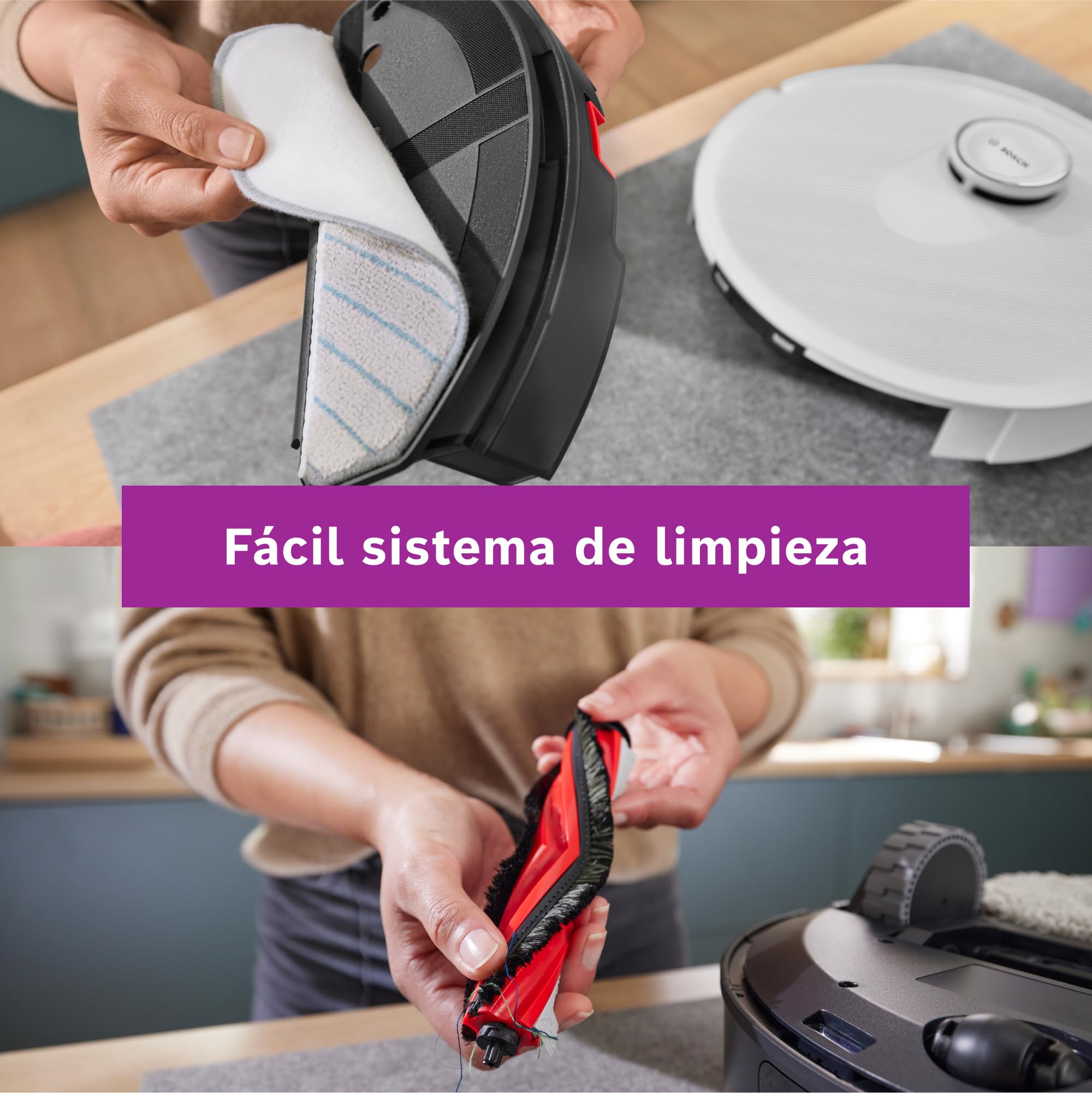 Bosch - Robot Aspirador Spotless +, aspira y friega, Potencia 11.000 Pa², Almohadilla húmeda Fija, estación Seca, Sistema Inteligente de visión por Infrarrojos, Bosch Home Connect App, Blanco, BCRD1W