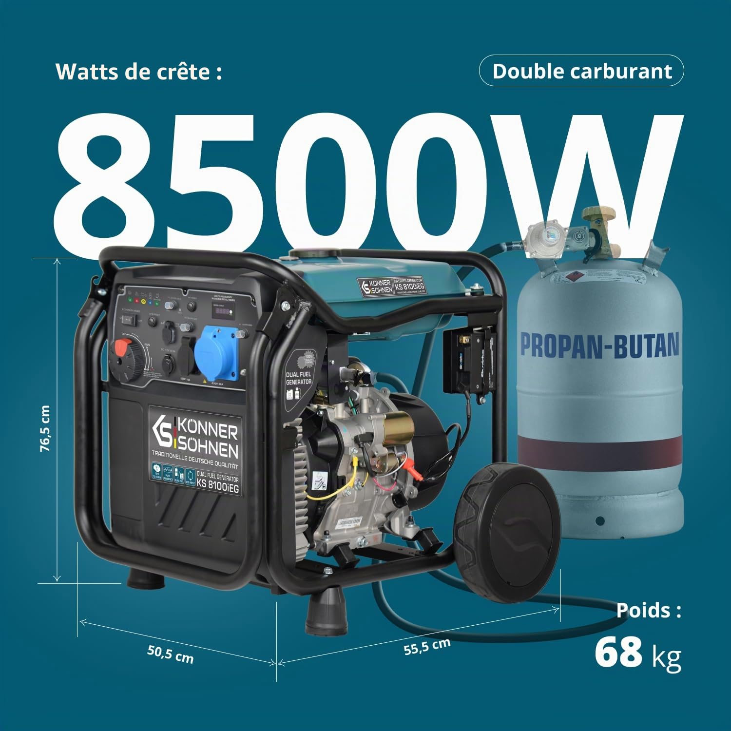 Groupe électrogène inverter à essence/gaz Könner & Söhnen KS 8100iEG, puissance maximale 8000 W, affichage LED, mode d’économie de carburant, enroulement en cuivre, EURO V. Générateur onduleur.