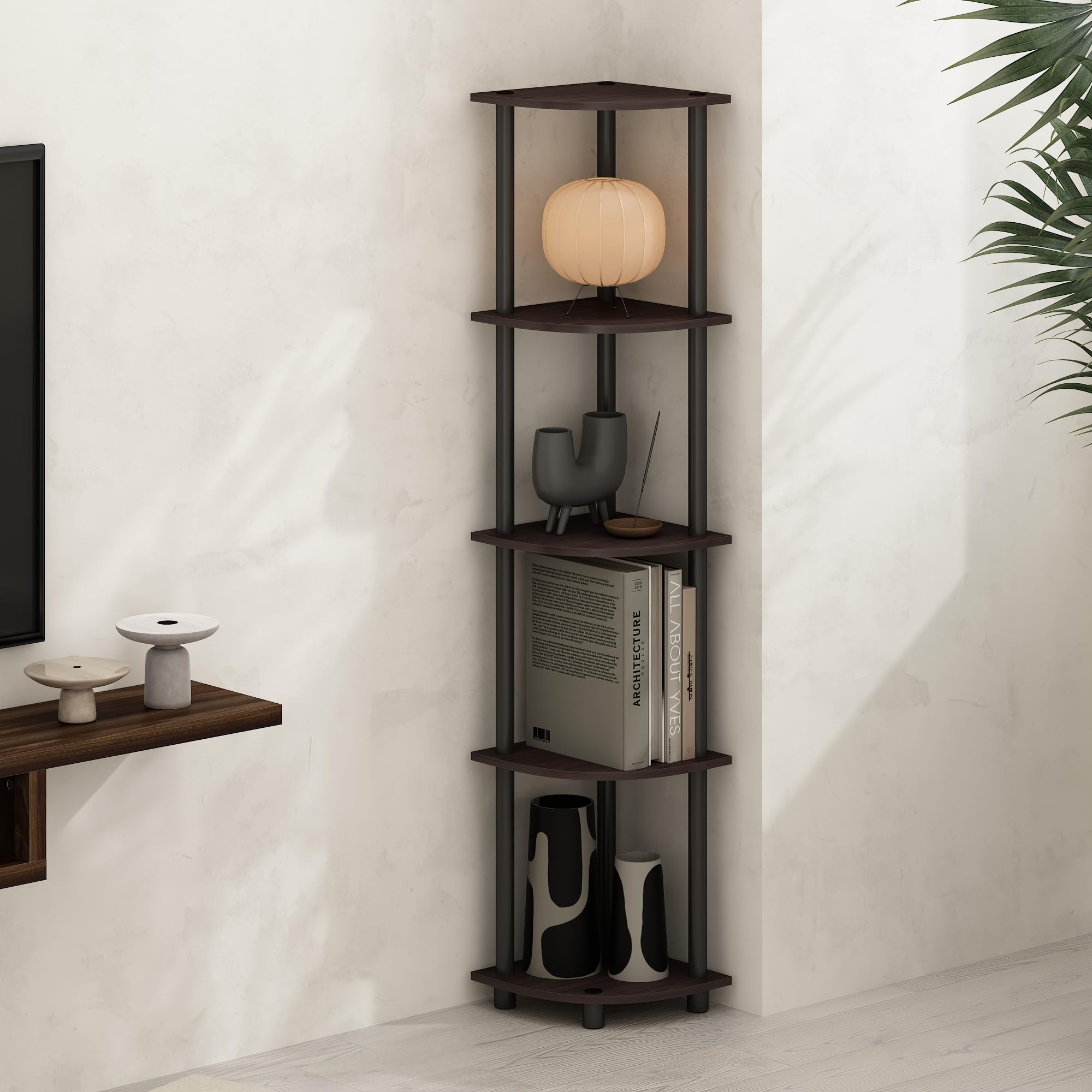 Furinno TURN-N-TUBE Corner Shelf, 5-Tier Corner Display Rack, Shelving Unit, for Organization and Storage, Living Room, Home Office, Garage, Bedroom, Dark Walnut