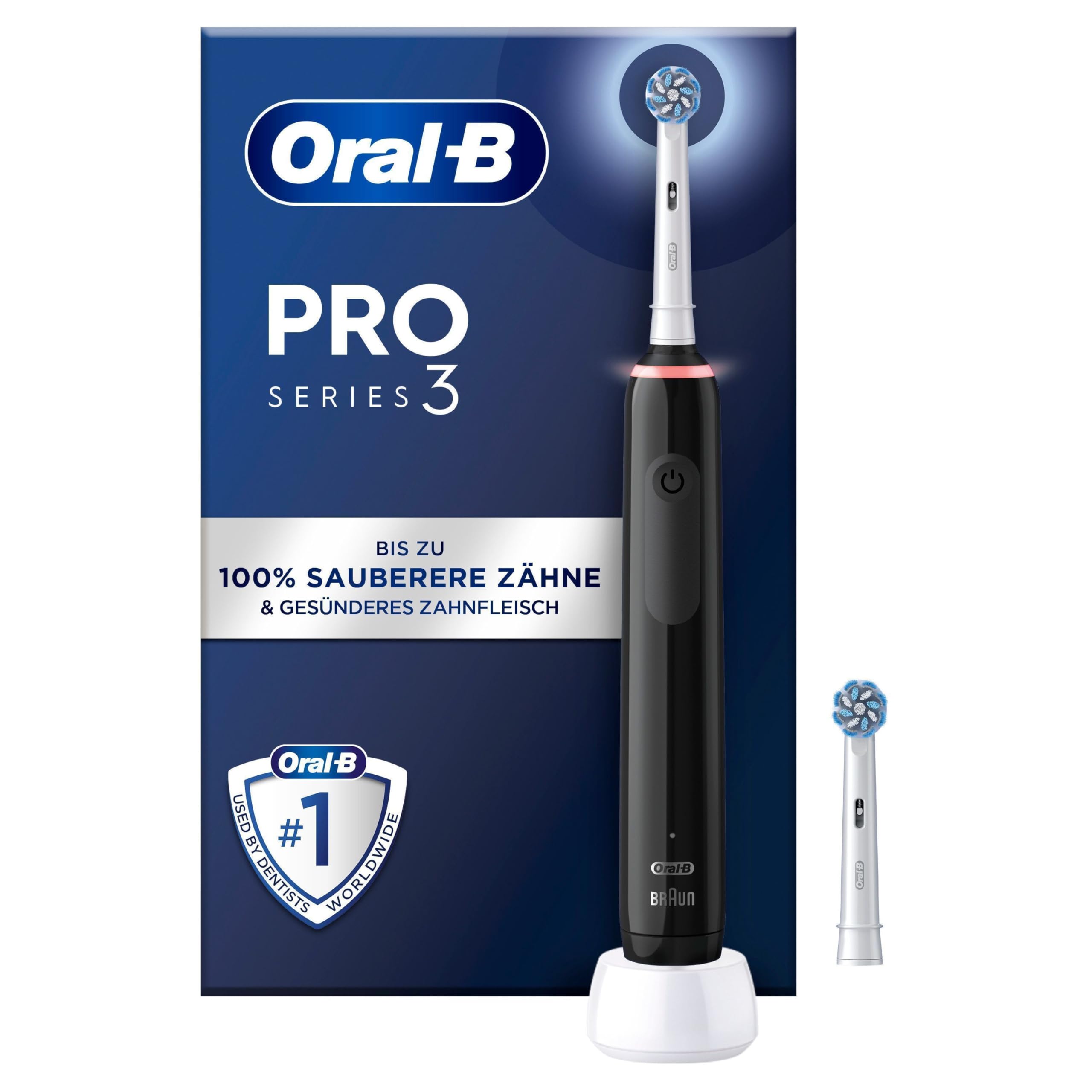 Oral-B PRO 3 series 3 Elektrische Zahnbürste/Electric Toothbrush,2 Sensitive Clean Aufsteckbürsten,3 Putzmodi und visuelle 360° Andruckkontrolle für Zahnpflege, Geschenk Mann/Frau, schwarz, 1 stück