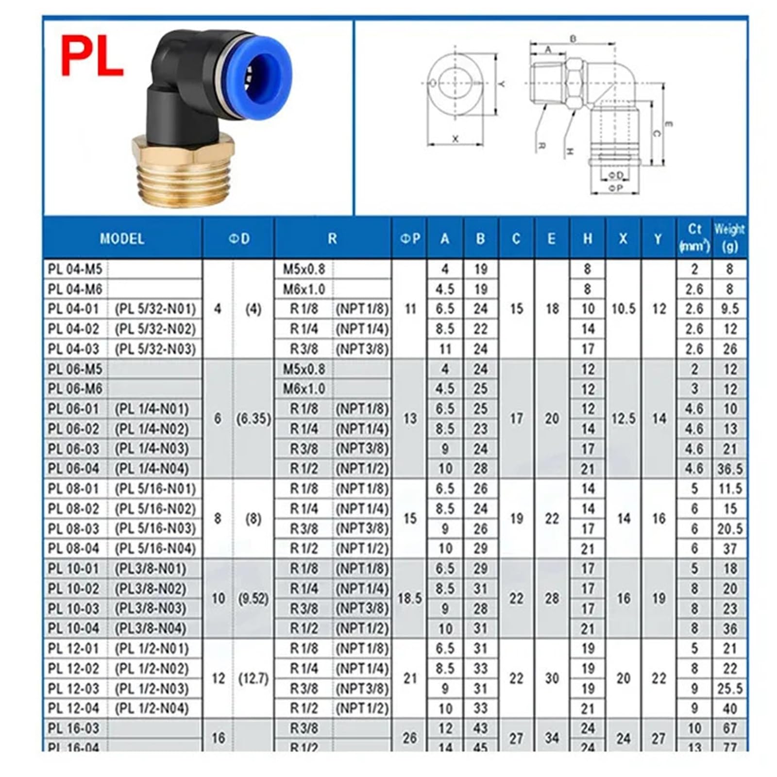 Pneumatischer Luftverbinder PL 4 6 8 10 12 mm 1/8" 1/4" 3/8" 1/2" Trachea-Winkelstücke Schlauch-Schnellkupplung 100 Stück(PL6-03)