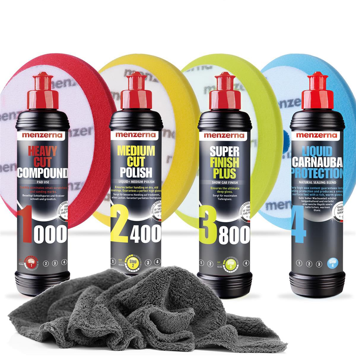 Detailmate Auto Politur Set - Menzerna Autopolitur - Super Heavy Cut Compund HC1000 + Medium Cut 2400 + Super Finish Plus SFP3800 + Liquid Carnauba Wachs + 4 passende Menzerna Pads + Poliertuch