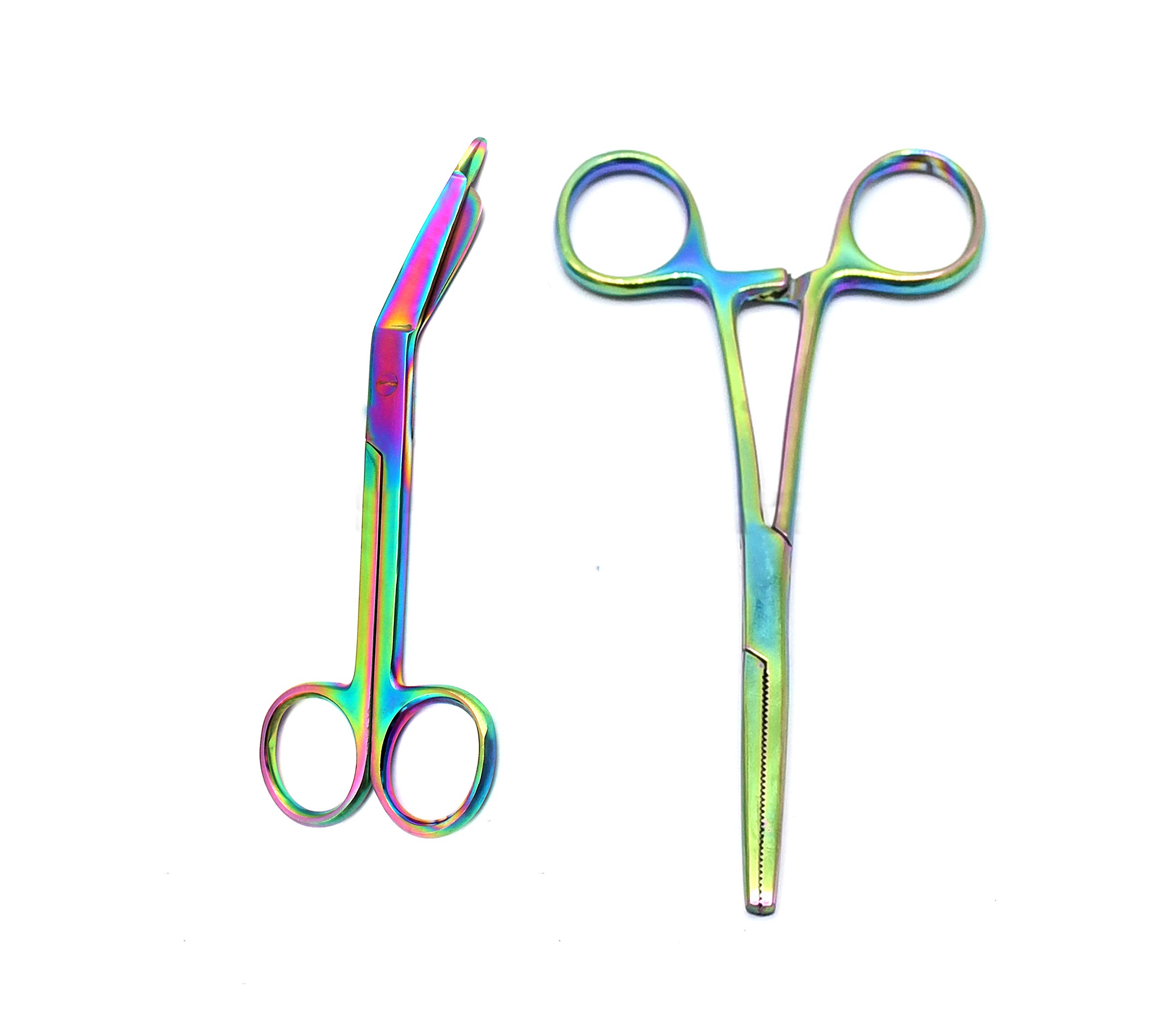 Heavy Duty Multi Rainbow Color Lister Bandage Trauma Shears Scissors + Hemostat Forceps Straight PREMIUM QUALITY (ODONTOMED2011) (5.5" Scissors + 6"