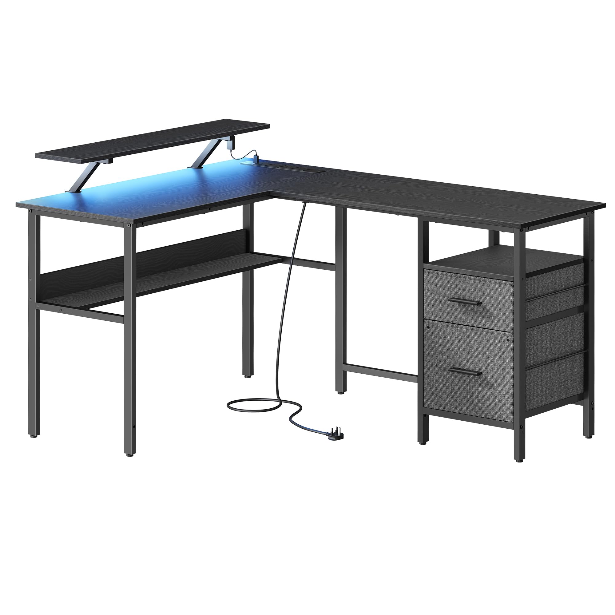 L-Shaped Computer Desk with Power Outlets, Ebony Black