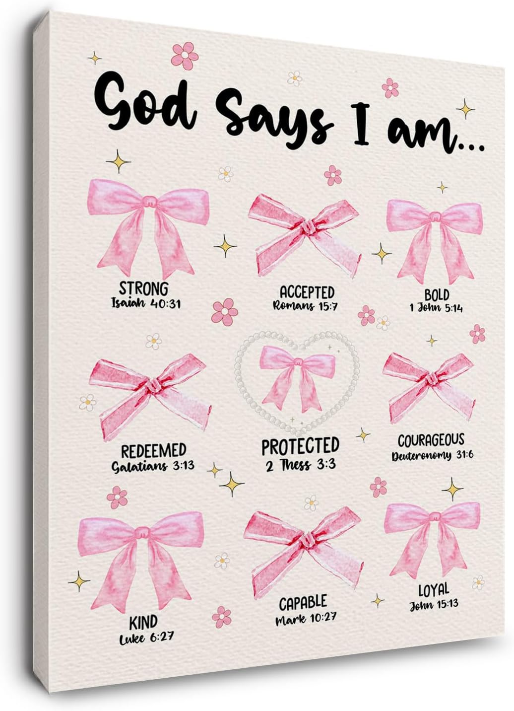 Ryeolo Pink Bow Wall Decor - Coquette Christian Bible Verse Framed Canvas Wall Art, Coquette Aesthetic Pink Bow Wall Decor for Girls Bedroom, 16x24 Inches