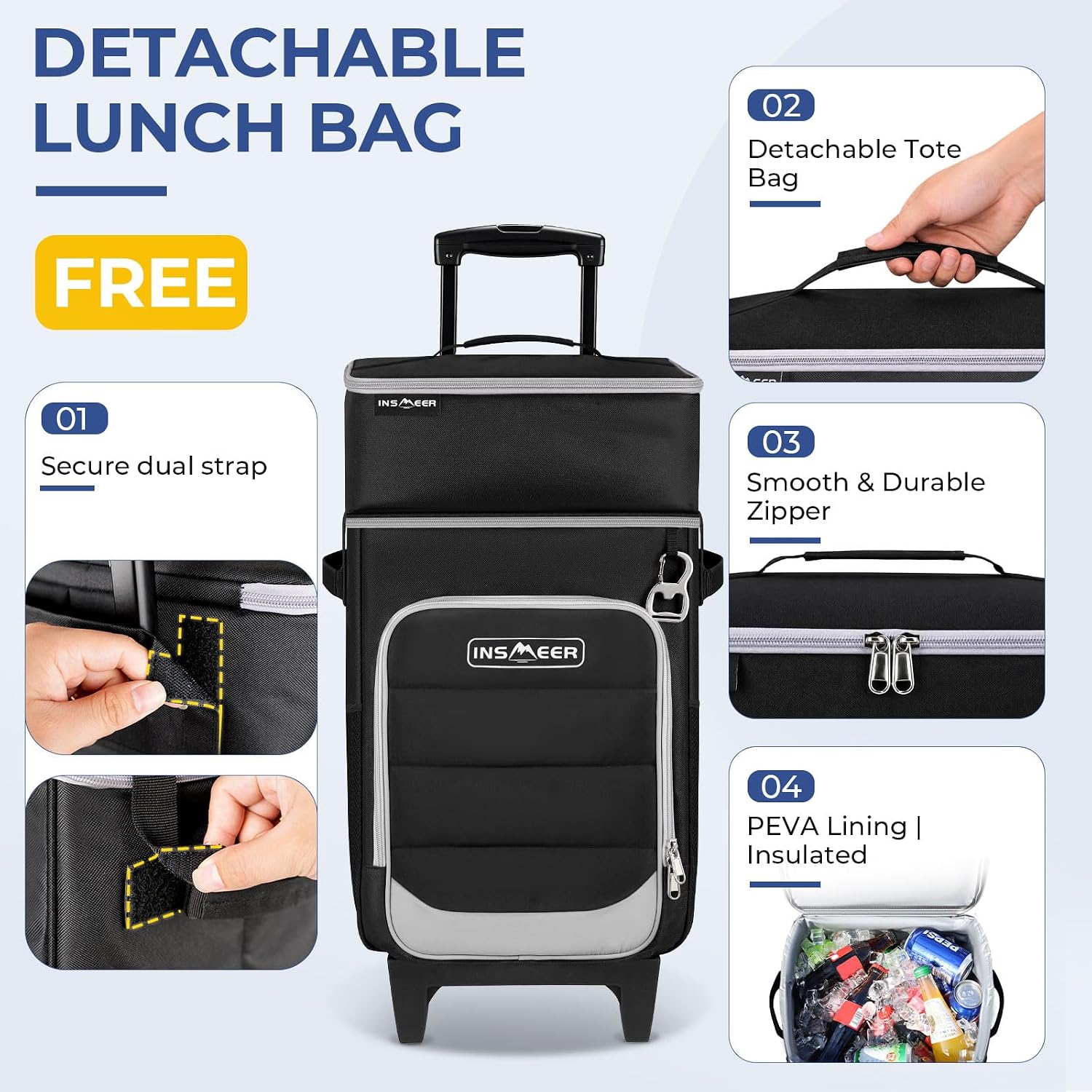 INSMEER 2-in-1 Rolling Cooler with Wheels and Detachable Lunch Bag, 80 Cans Collapsible Soft Sided Cooler with Hard Top & 2 Cup Holders, Insulated Leakproof Cooler Bag for Beach Camping Outdoor