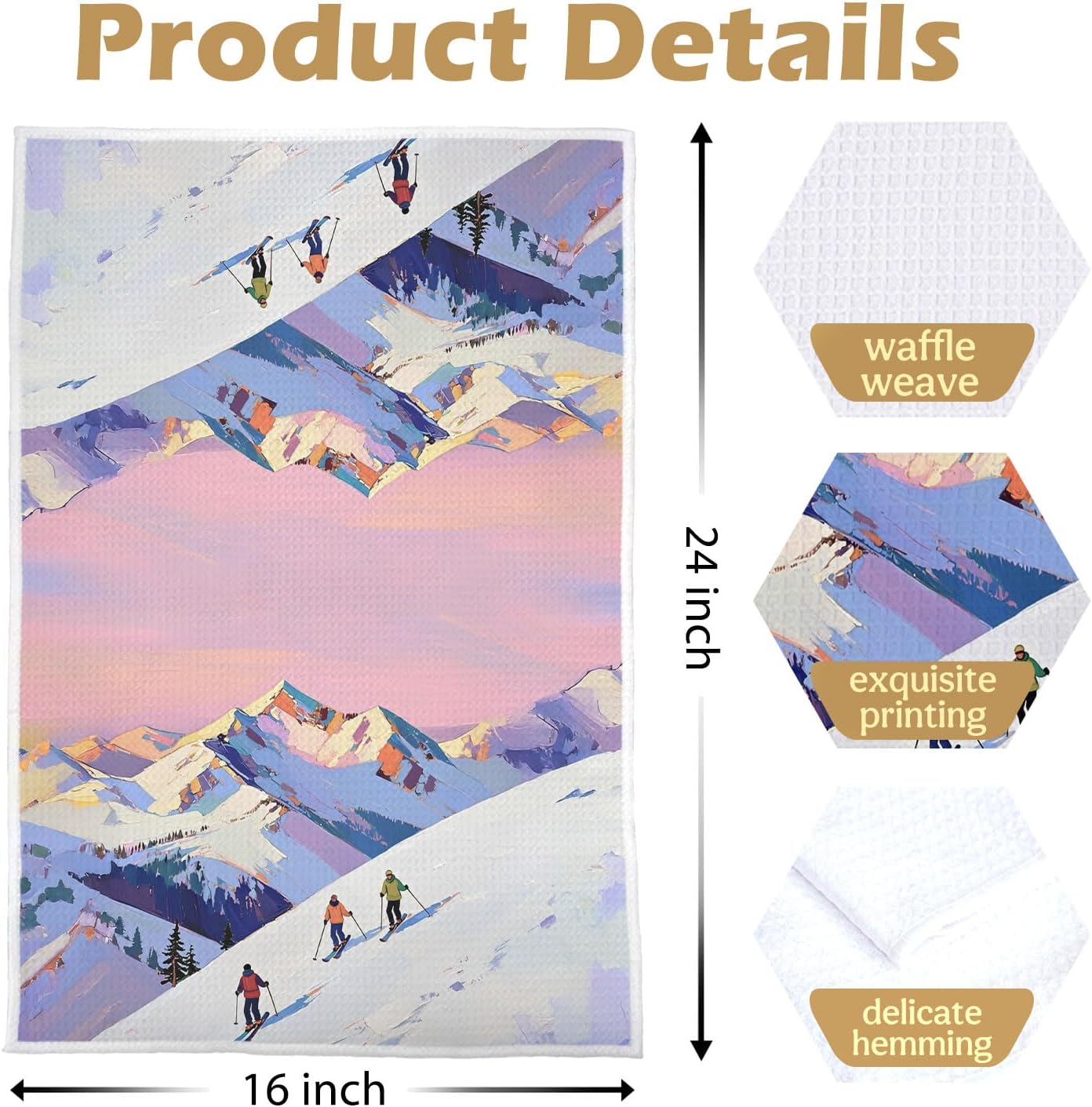 Skiing Skier Kitchen Towels - Skiing Skier Waffle Weave Hand Towels, Winter Sports Decorative Dish Towel, Ski Pink Tea Towel for Kitchen Bathroom, 16x24 Inch - Image 5